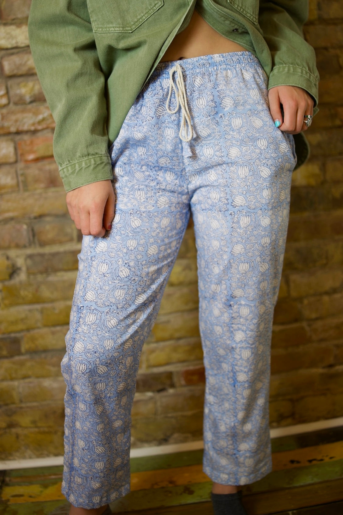 BECKY BLUE HAND BLOCK PRINTED NAUTICAL ROPE STRAIGHT LEG COTTON PANTS