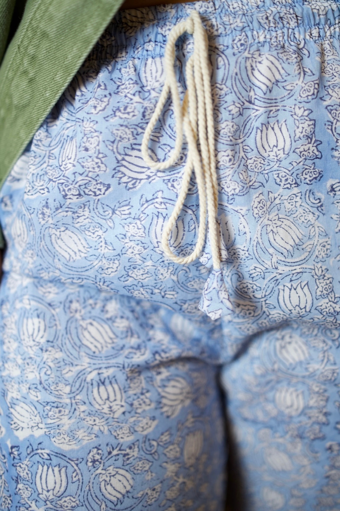 BECKY BLUE HAND BLOCK PRINTED NAUTICAL ROPE STRAIGHT LEG COTTON PANTS