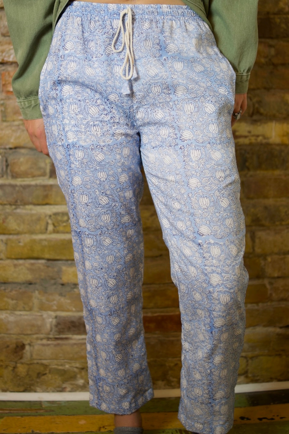 BECKY BLUE HAND BLOCK PRINTED NAUTICAL ROPE STRAIGHT LEG COTTON PANTS