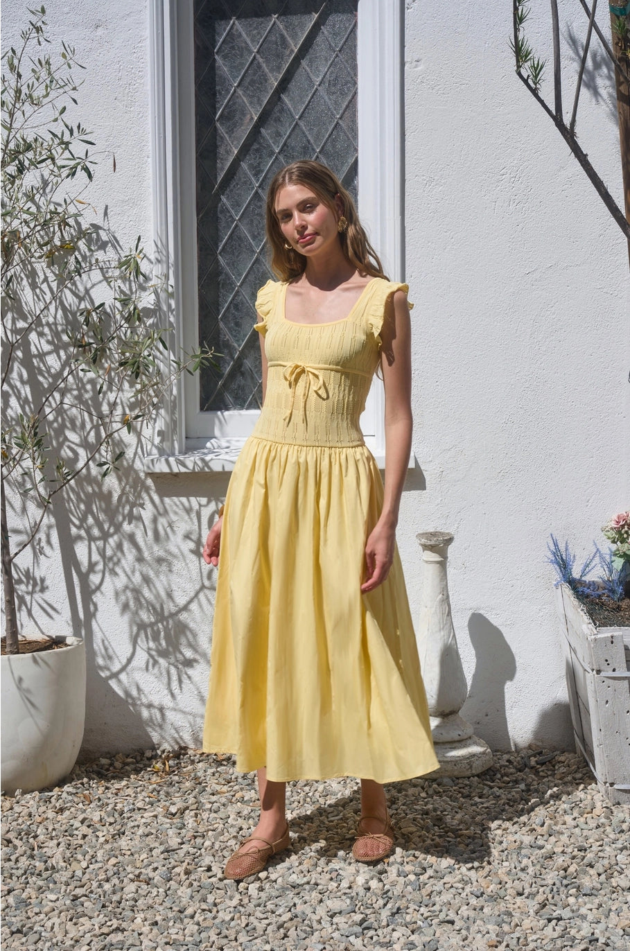 BUTTER YELLOW KNIT & COTTON MIXED MEDIA RUFFLE SLEEVE MIDI DRESS