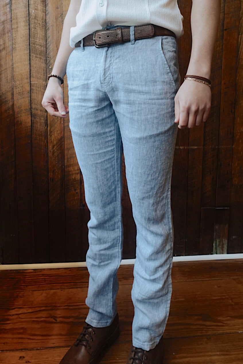 PALE BLUE LINEN SLIM FIT PANTS