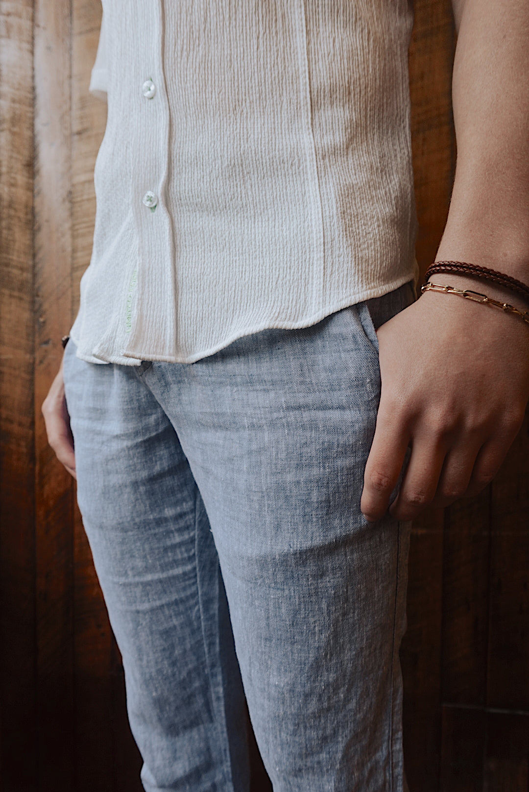 PALE BLUE LINEN SLIM FIT PANTS