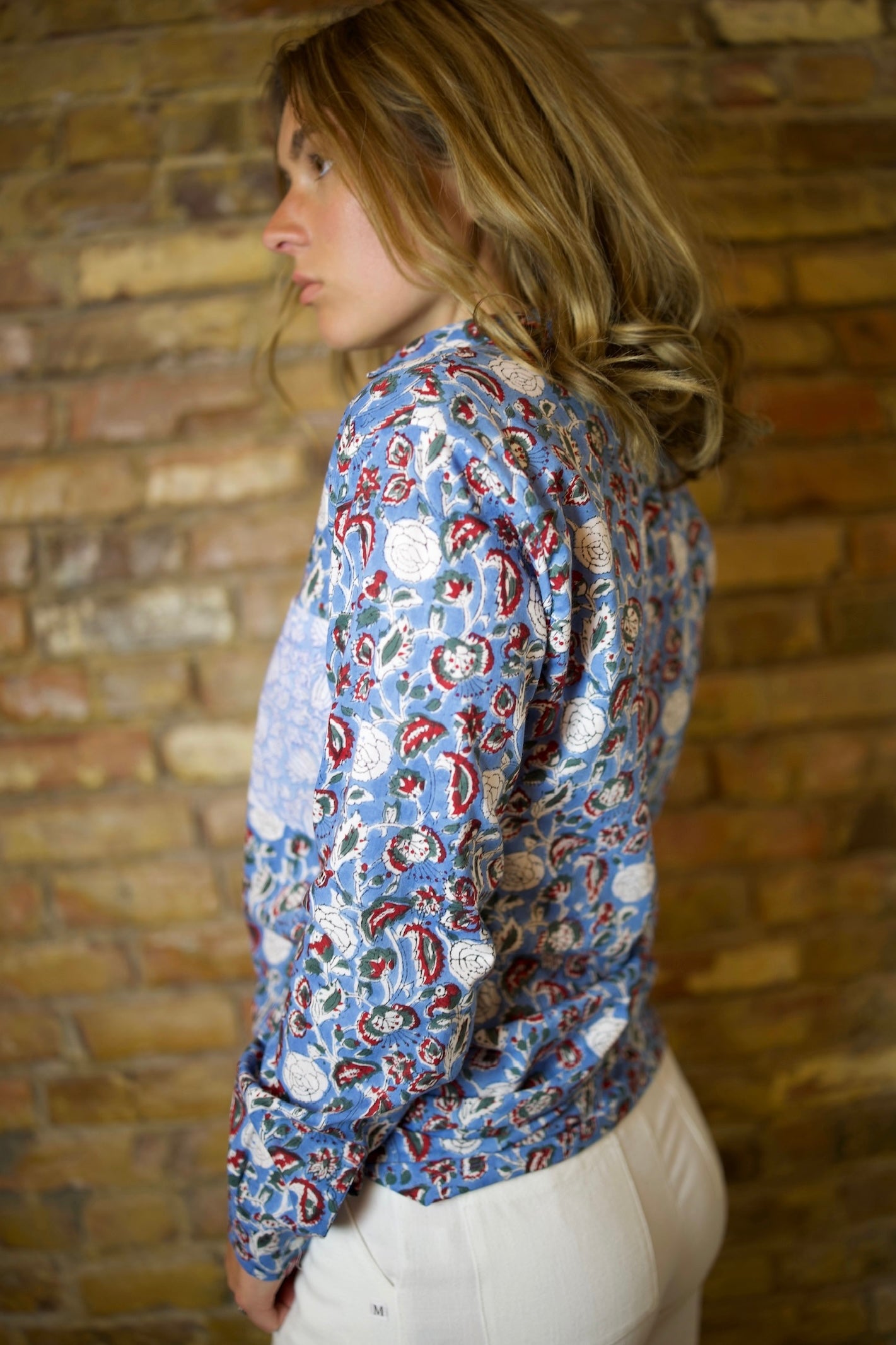 BECKY BLUE & RED FLORAL HAND BLOCK PRINTED COTTON BUTTON DOWN