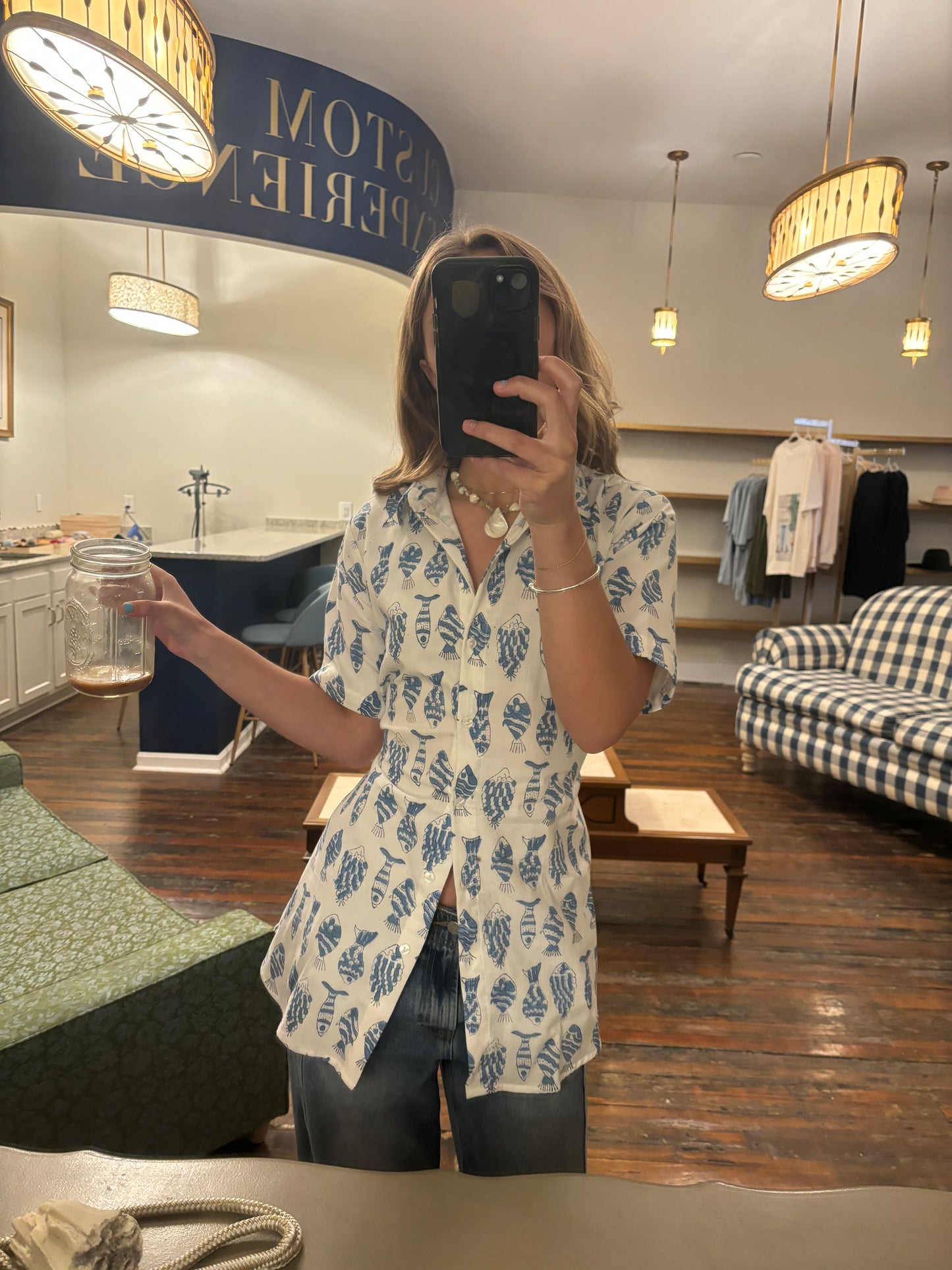SMELLS FISHY COTTON LONG BUTTON DOWN NAUTICAL TIE SHIRT