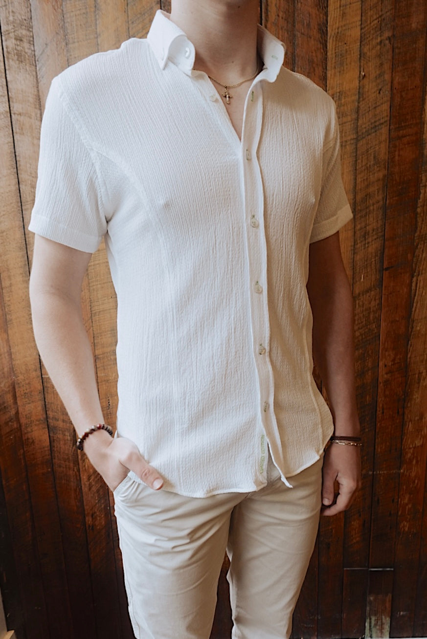 WHITE SEERSUCKER SLIM FIT SHORT SLEEVE BUTTON DOWN