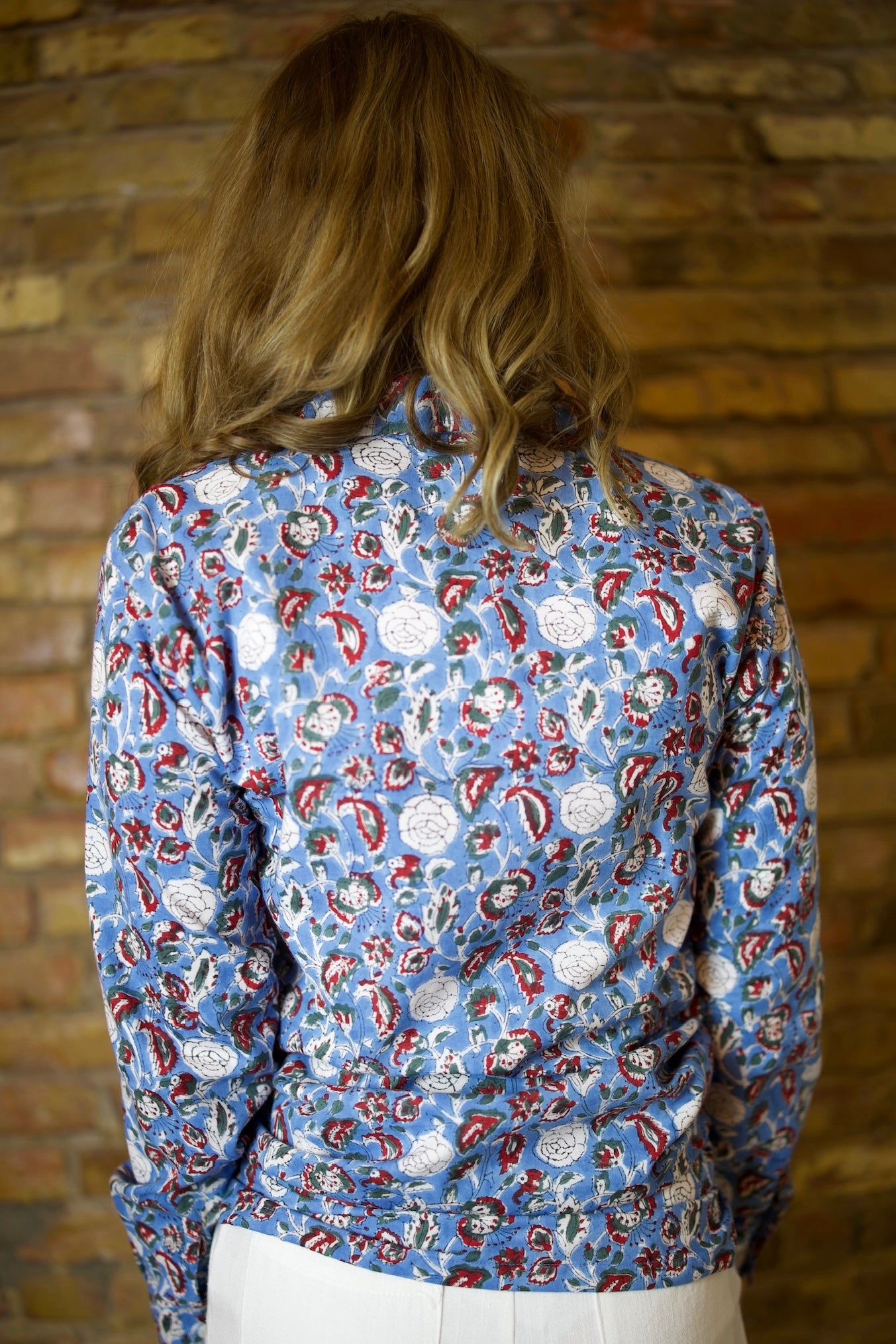 BECKY BLUE & RED FLORAL HAND BLOCK PRINTED COTTON BUTTON DOWN