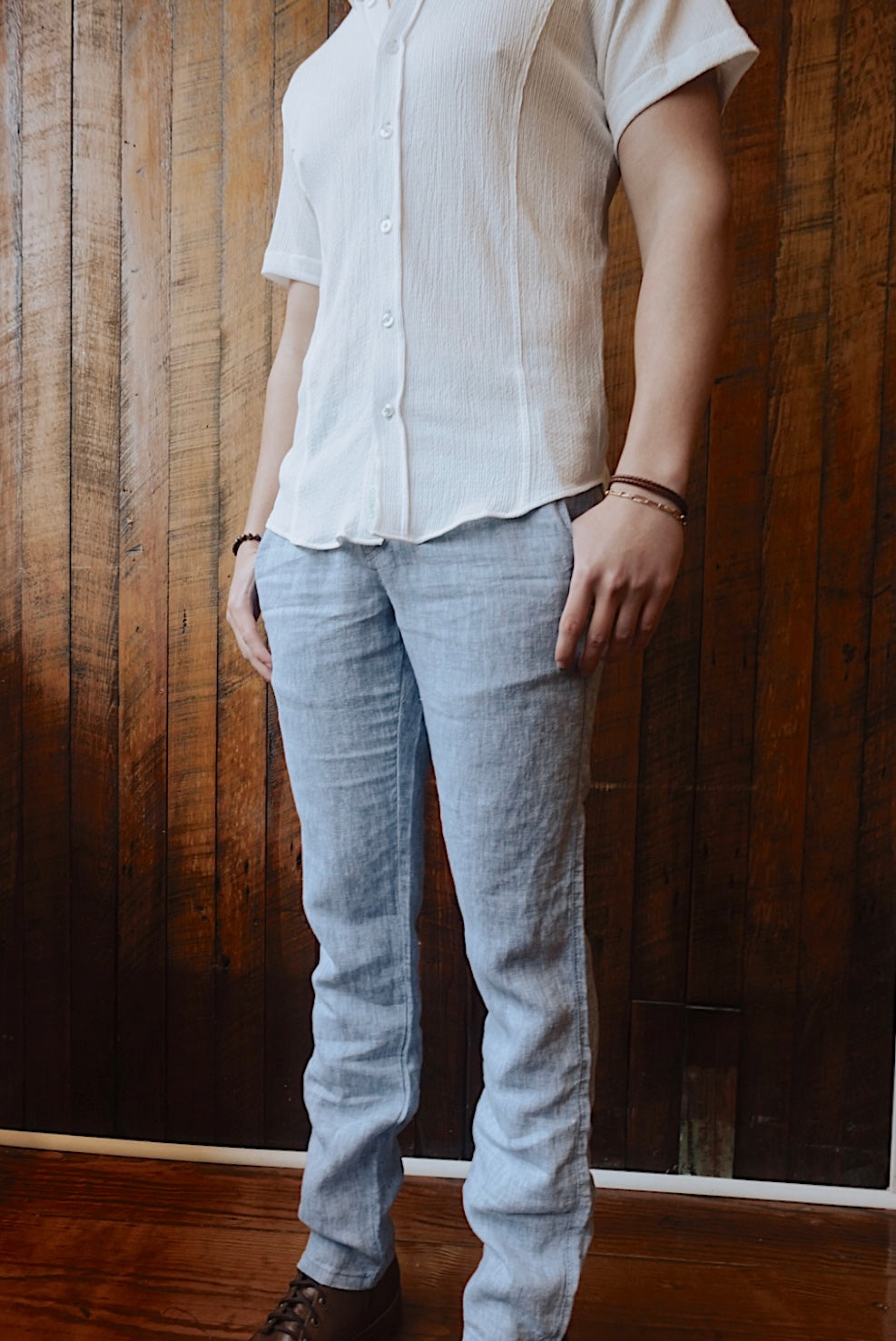 PALE BLUE LINEN SLIM FIT PANTS