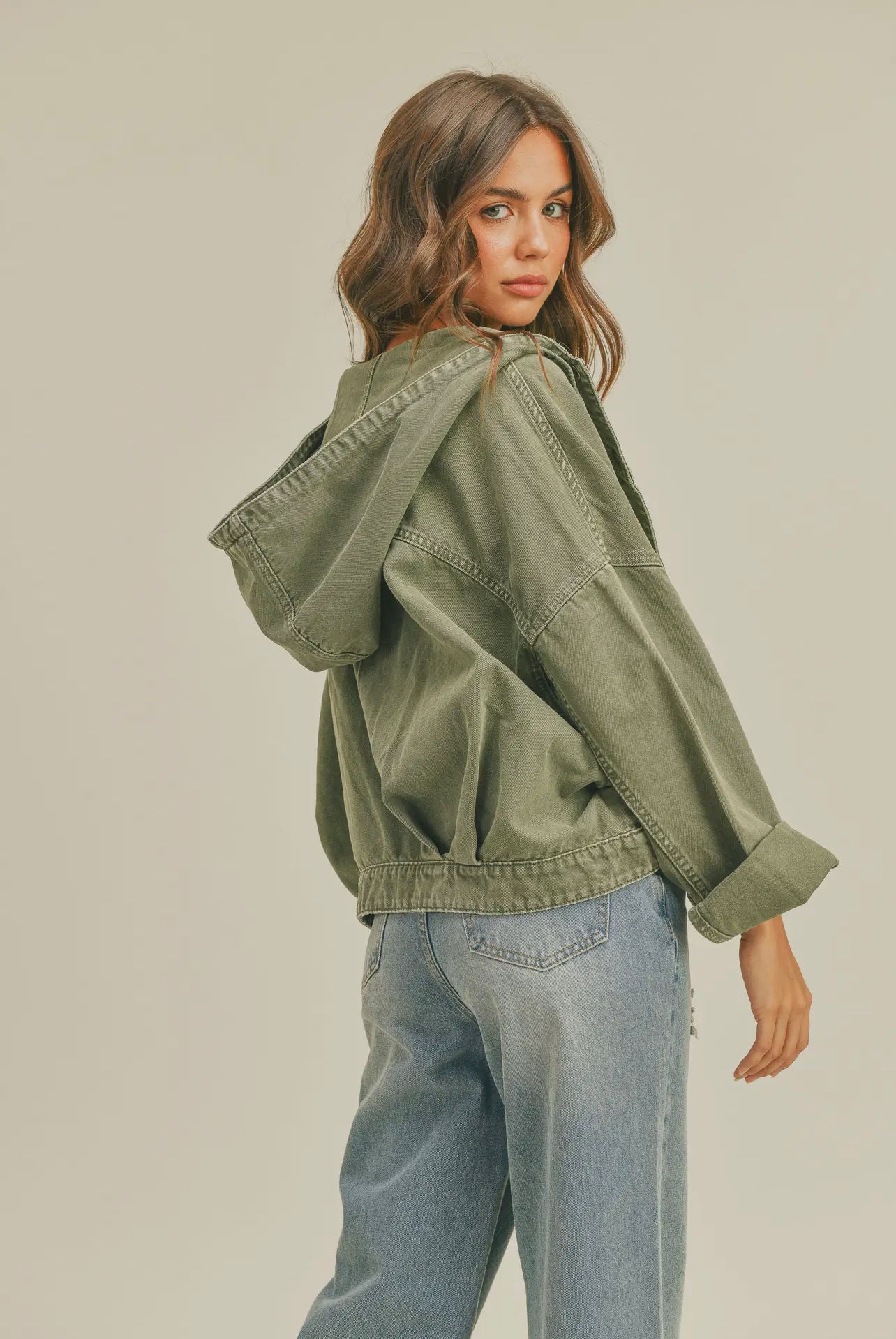 OLIVE WASHED COTTON ARMY HOODIE JACKET