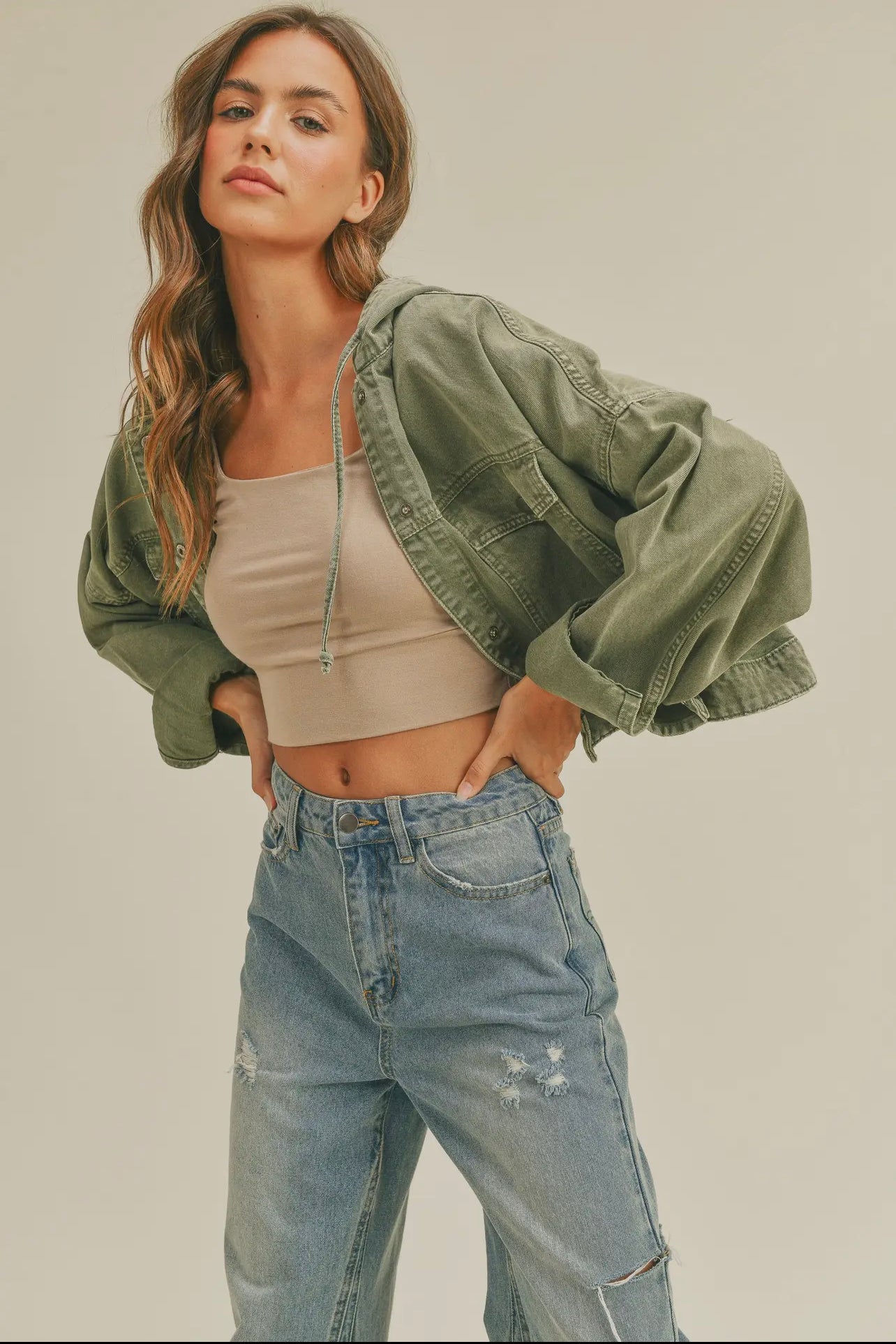 OLIVE WASHED COTTON ARMY HOODIE JACKET