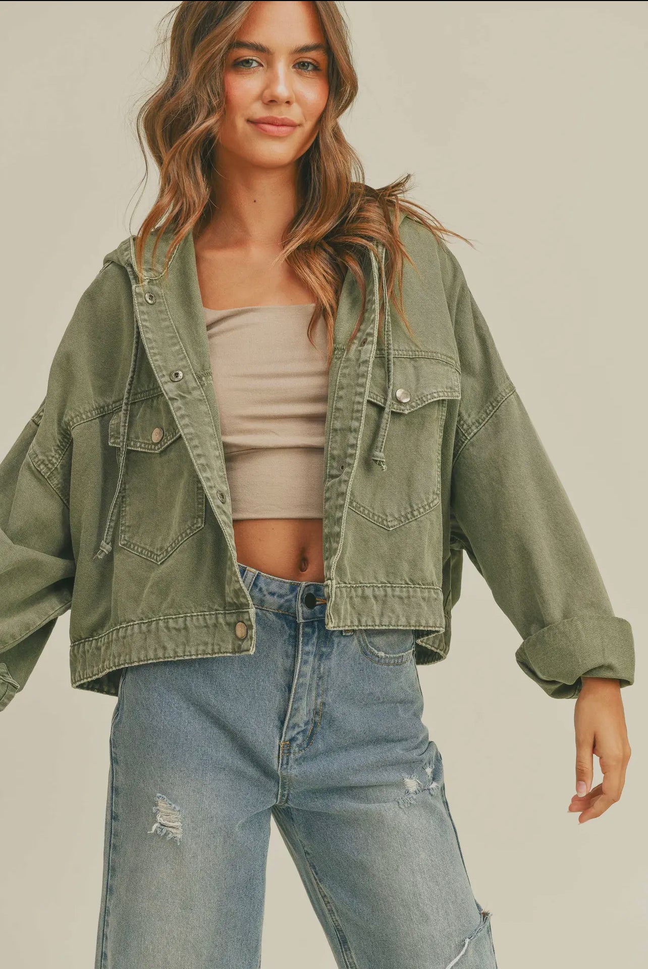 OLIVE WASHED COTTON ARMY HOODIE JACKET