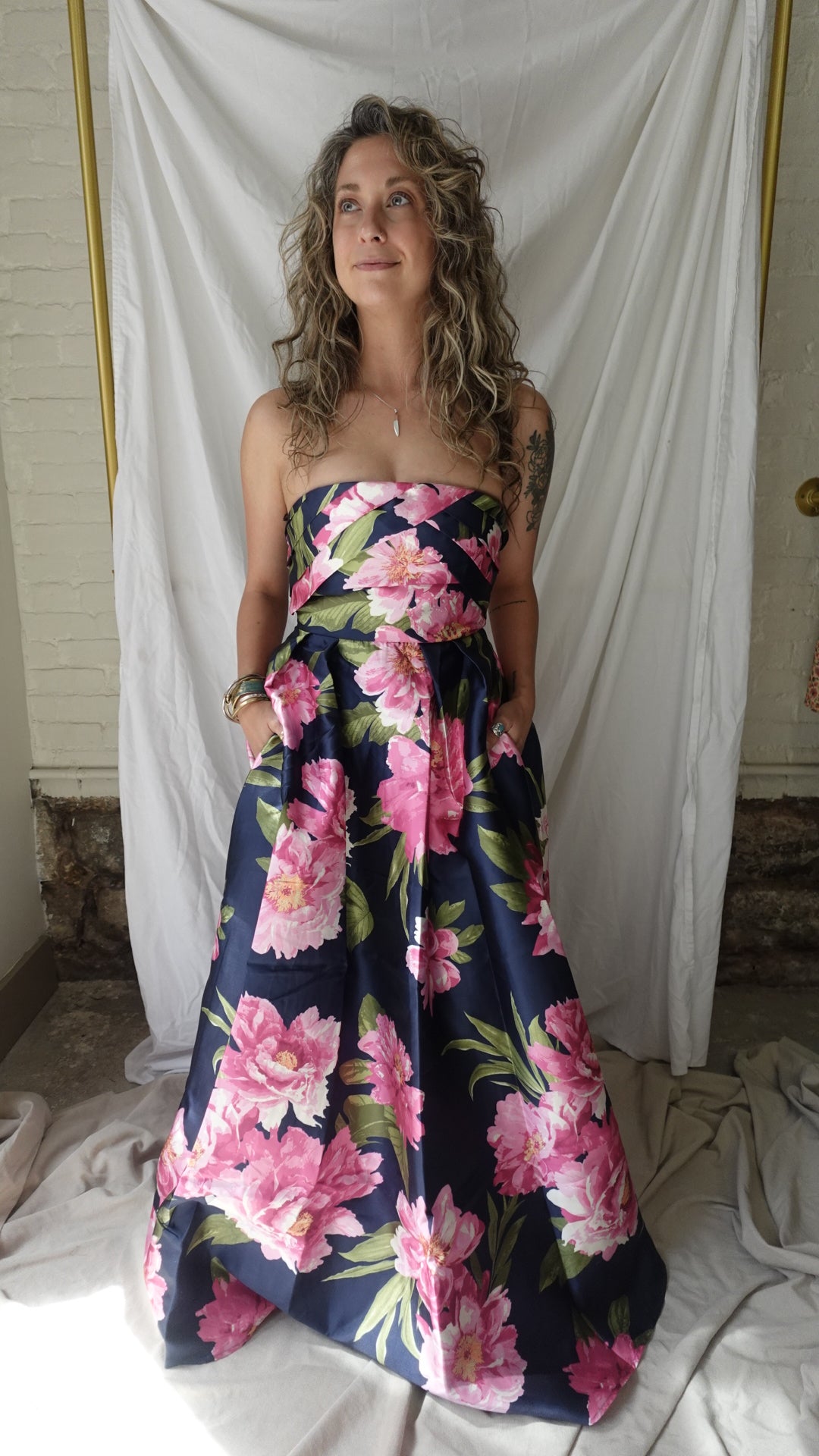 NAVY PINK FLORAL STRAPLESS FULL SKIRT MAXI DRESS