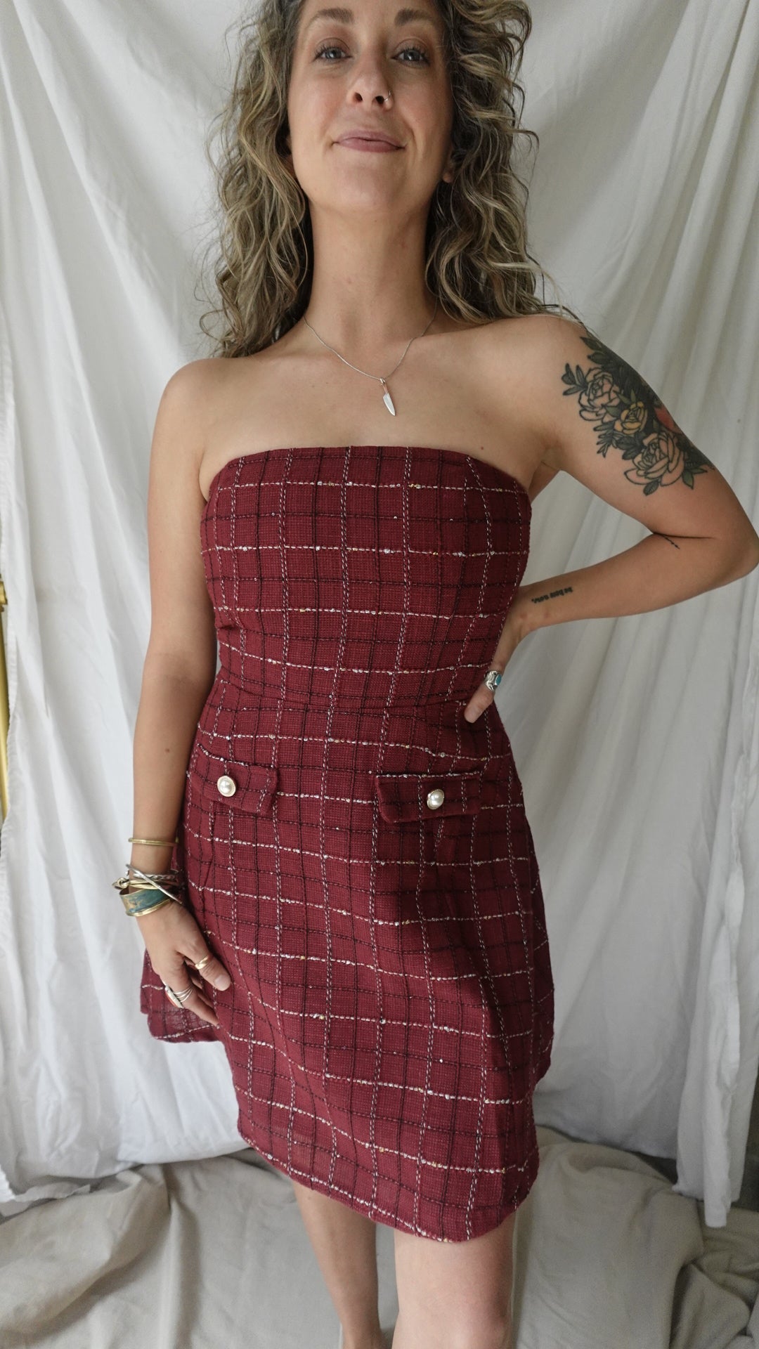 red tweed mini dress WINE & PEARL MEDIUM and the fitted hourglass color:Army Green model ally Jovani 37607 Women's Formal