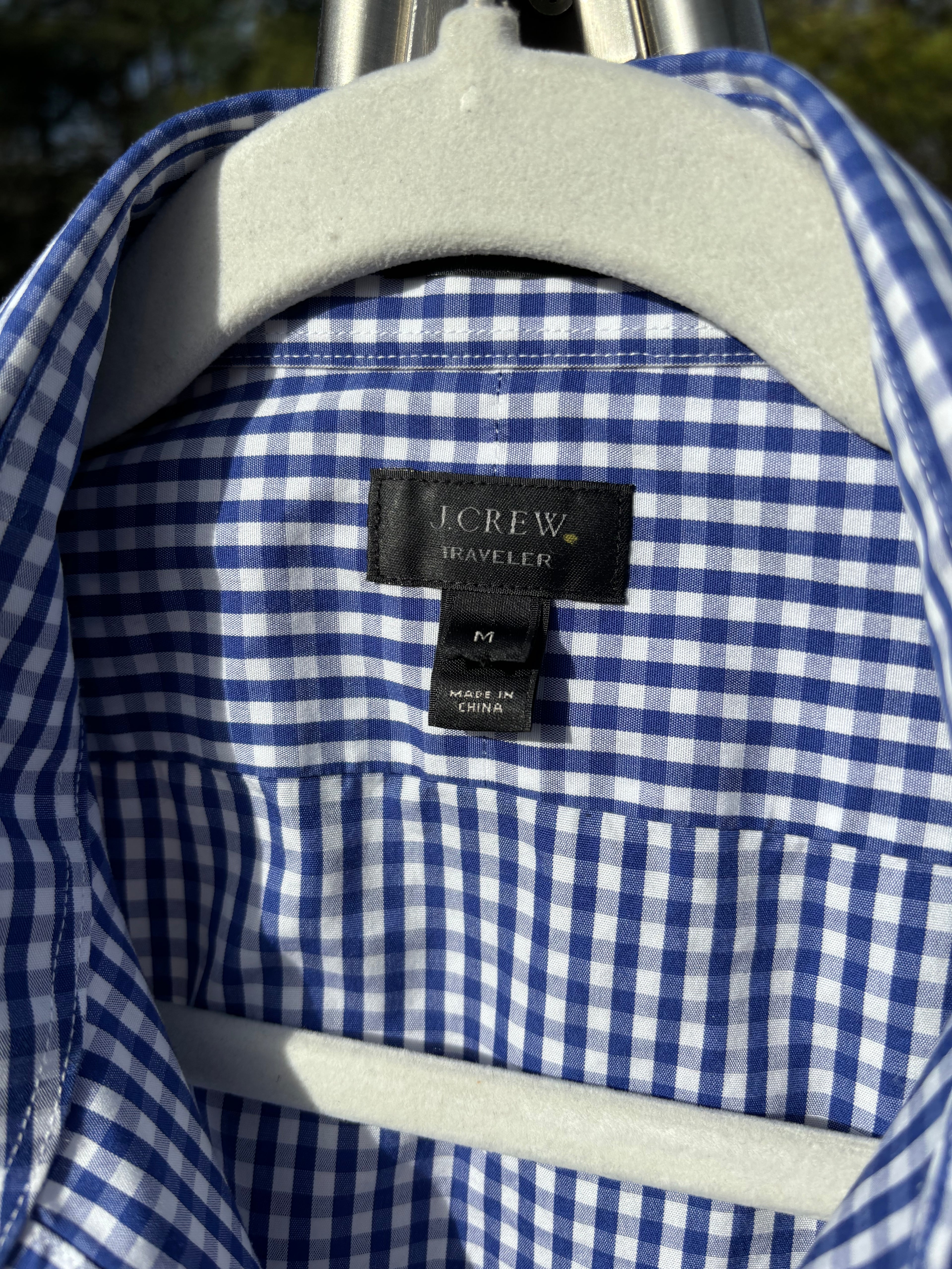 J CREW: DARK BLUE & WHITE CHECKERED BUTTON DOWN