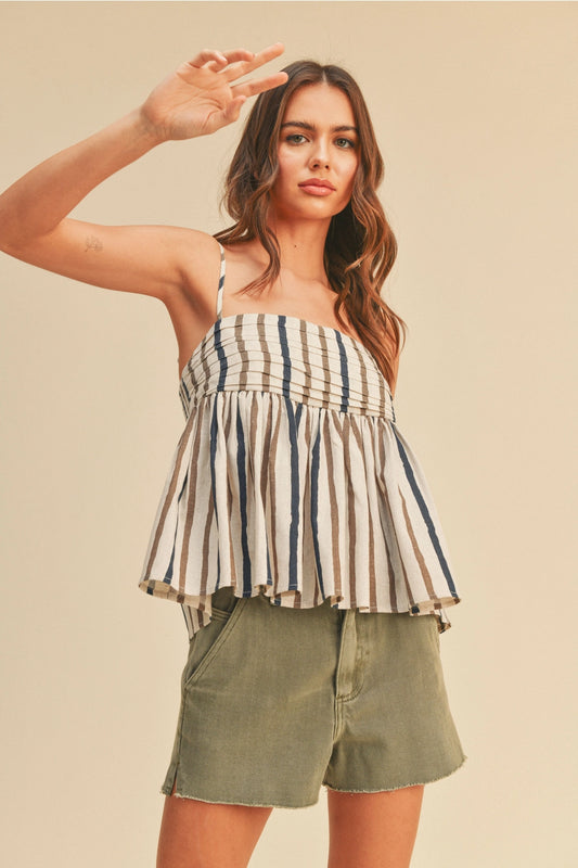 LINEN BROWN & NAVY RUCHED STRIPED TOP