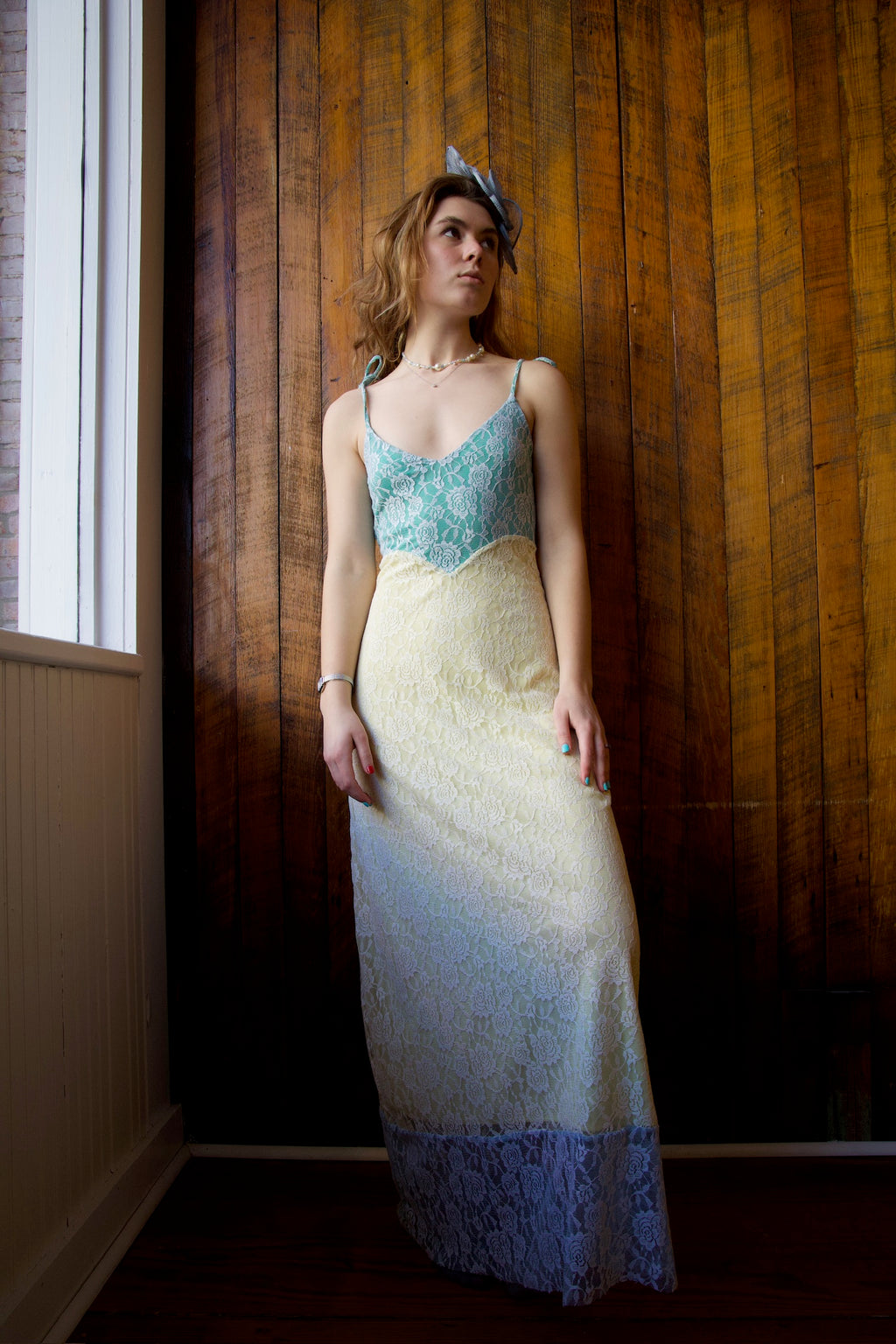 CELESTE AURORA PALE YELLOW & BLUE LACE DRESS