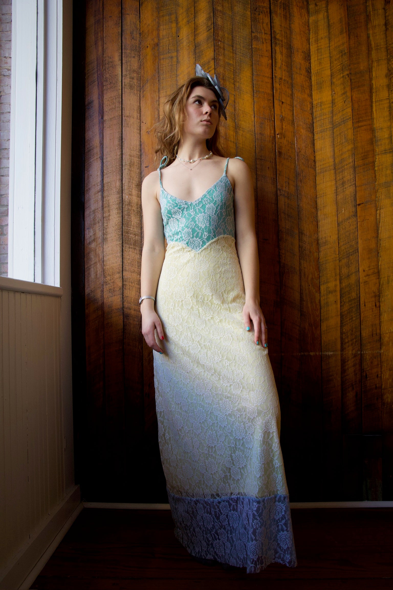 CELESTE AURORA PALE YELLOW & BLUE LACE DRESS