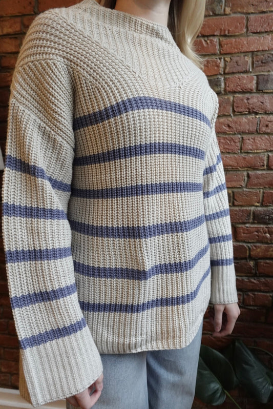 TAUPE & BLUE STRIPE NAUTICAL OVERSIZED MOCK NECK PULLOVER