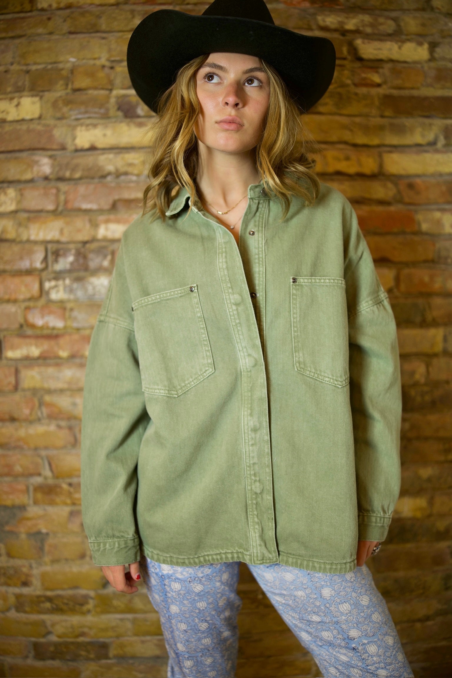 OLIVE DENIM SNAP BUTTON OVERSIZED JACKET