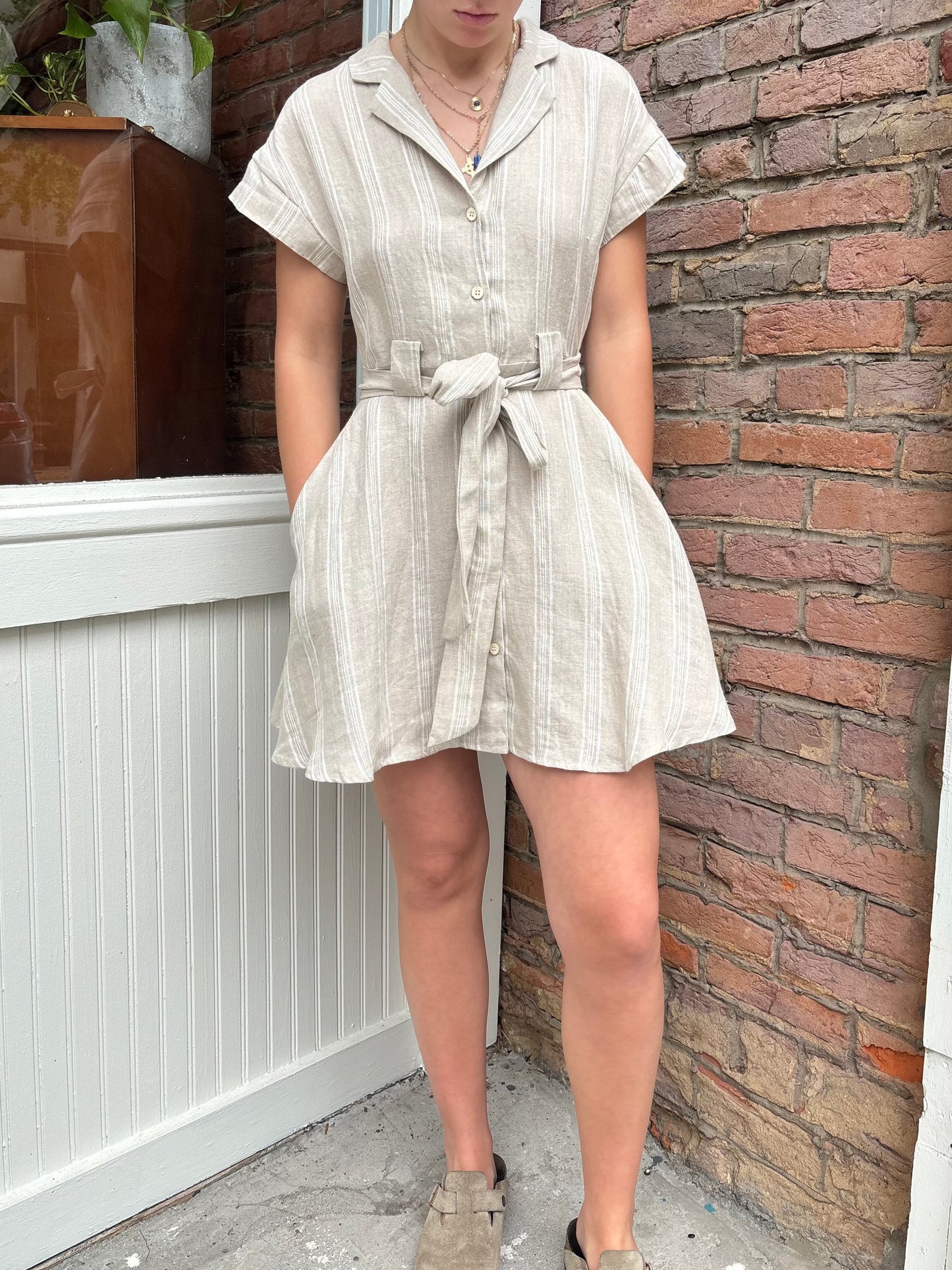 MABEL BEIGE & WHITE LINEN STRIPED BUTTONDOWN TIE DRESS