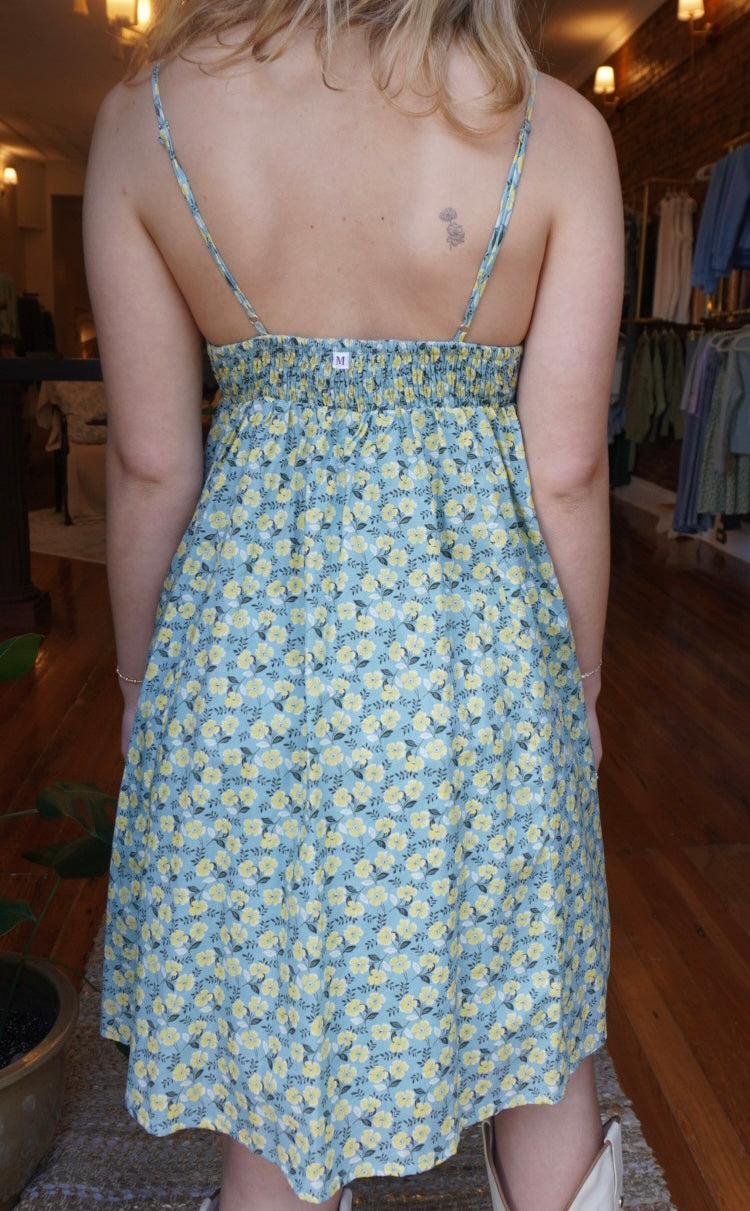 LEMON BLUE BABYDOLL FLORAL V-NECK MINI DRESS