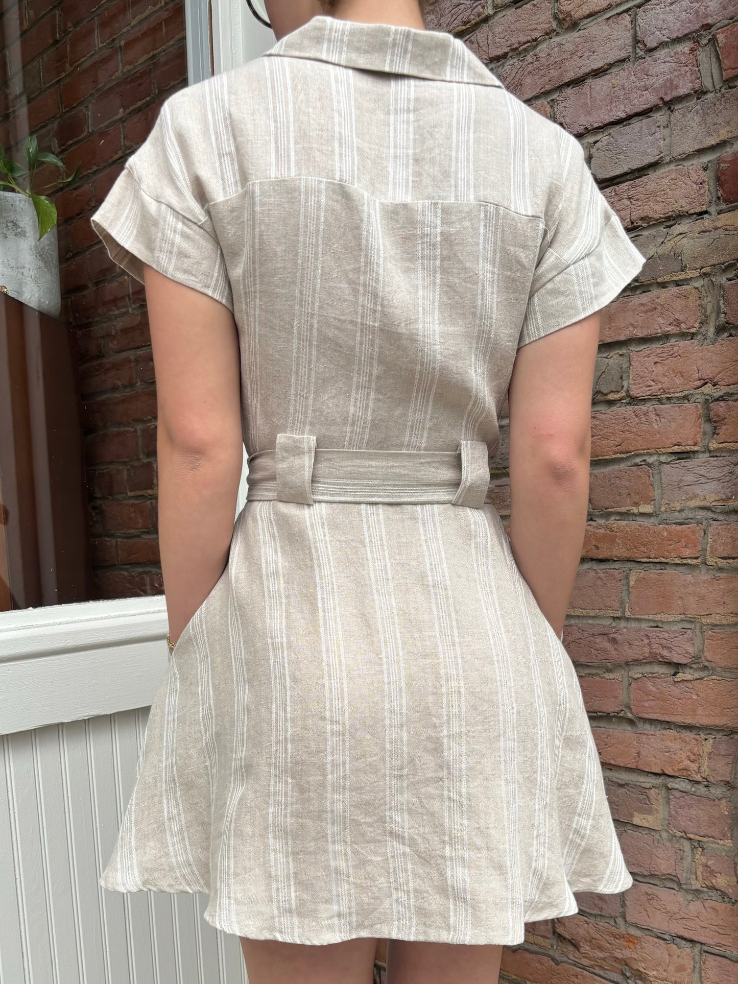 MABEL BEIGE & WHITE LINEN STRIPED BUTTONDOWN TIE DRESS