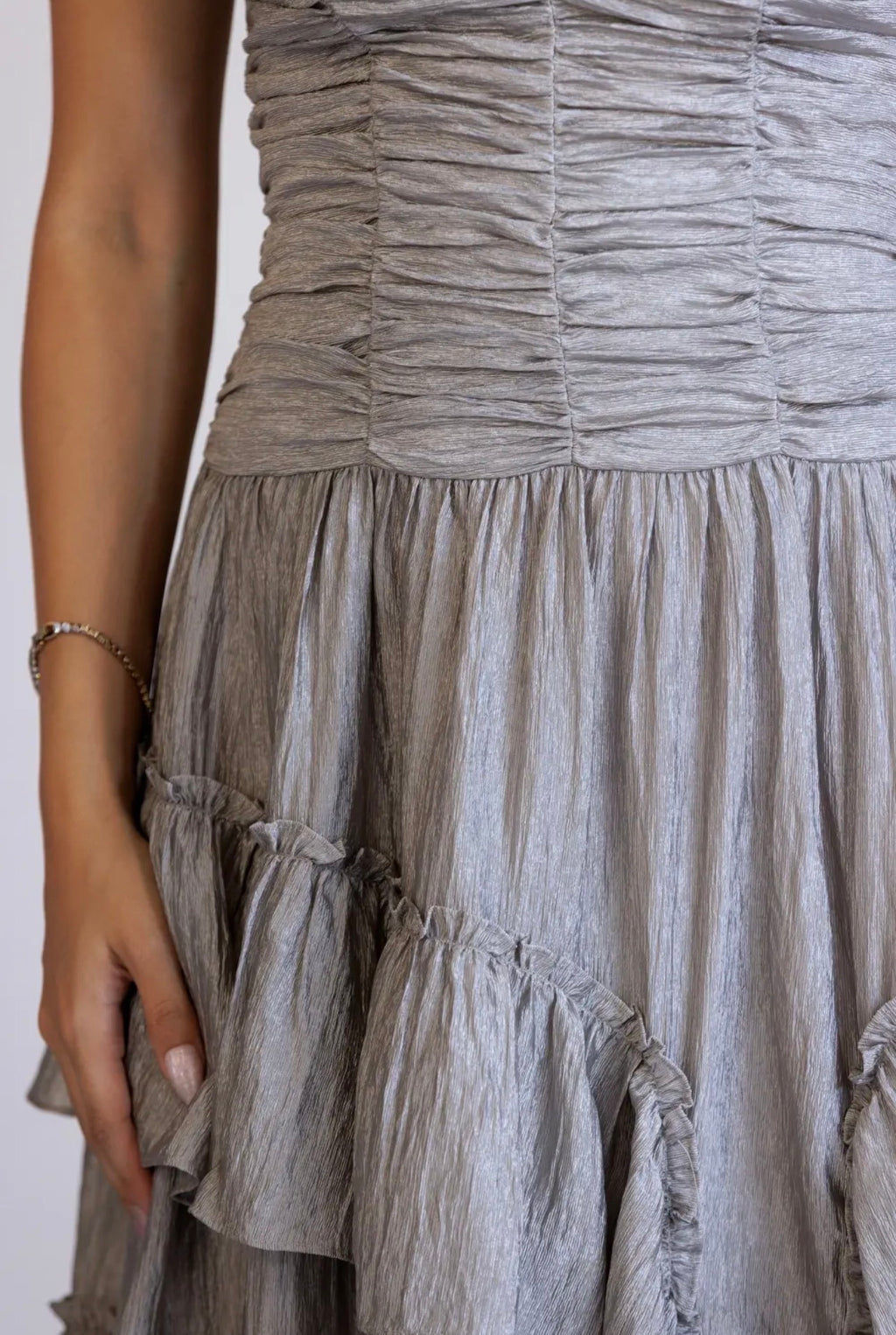 CRINKLE TIERED GRAY SILVER MAXI DRESS