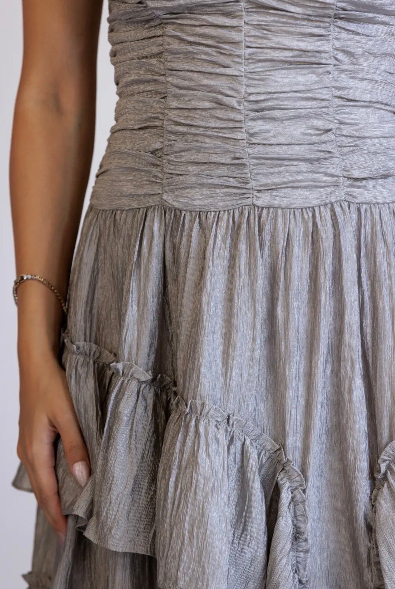 CRINKLE TIERED GRAY SILVER MAXI DRESS