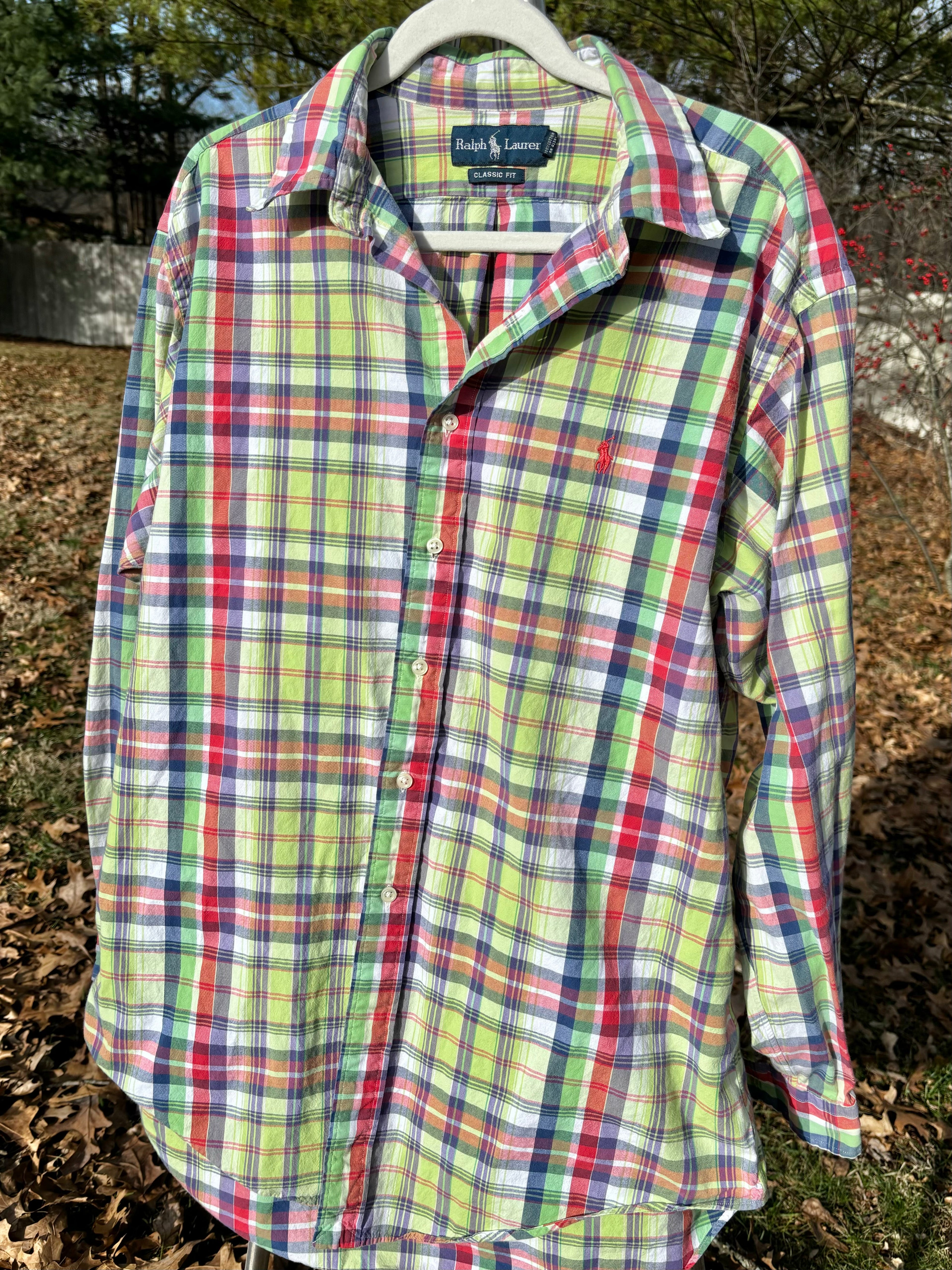 RALPH LAUREN: CHARTREUSE & RED MULTI COLOR PLAID BUTTON DOWN