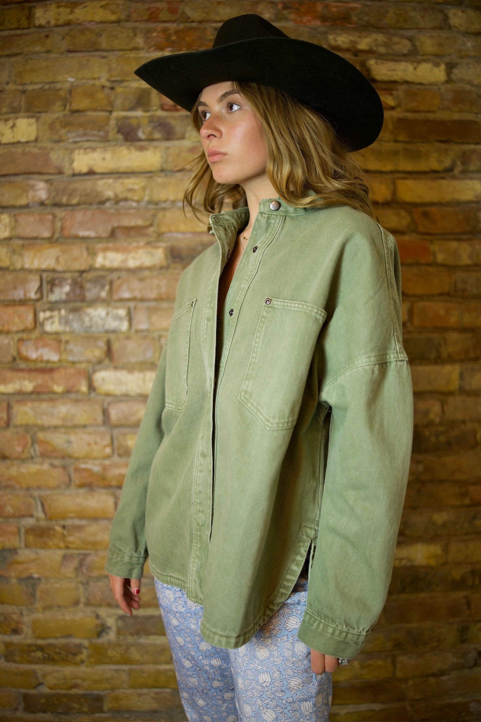 OLIVE DENIM SNAP BUTTON OVERSIZED JACKET
