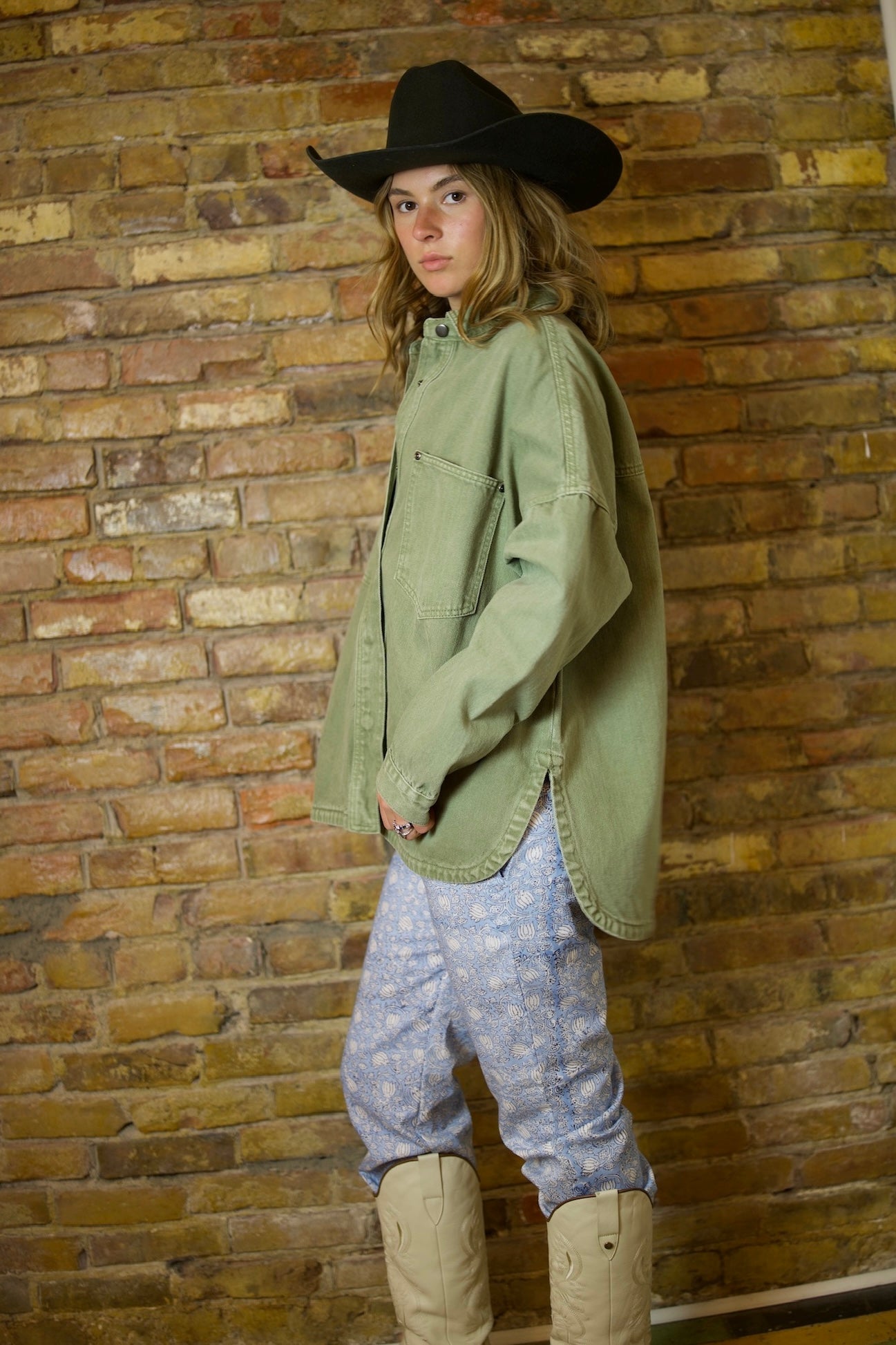 OLIVE DENIM SNAP BUTTON OVERSIZED JACKET