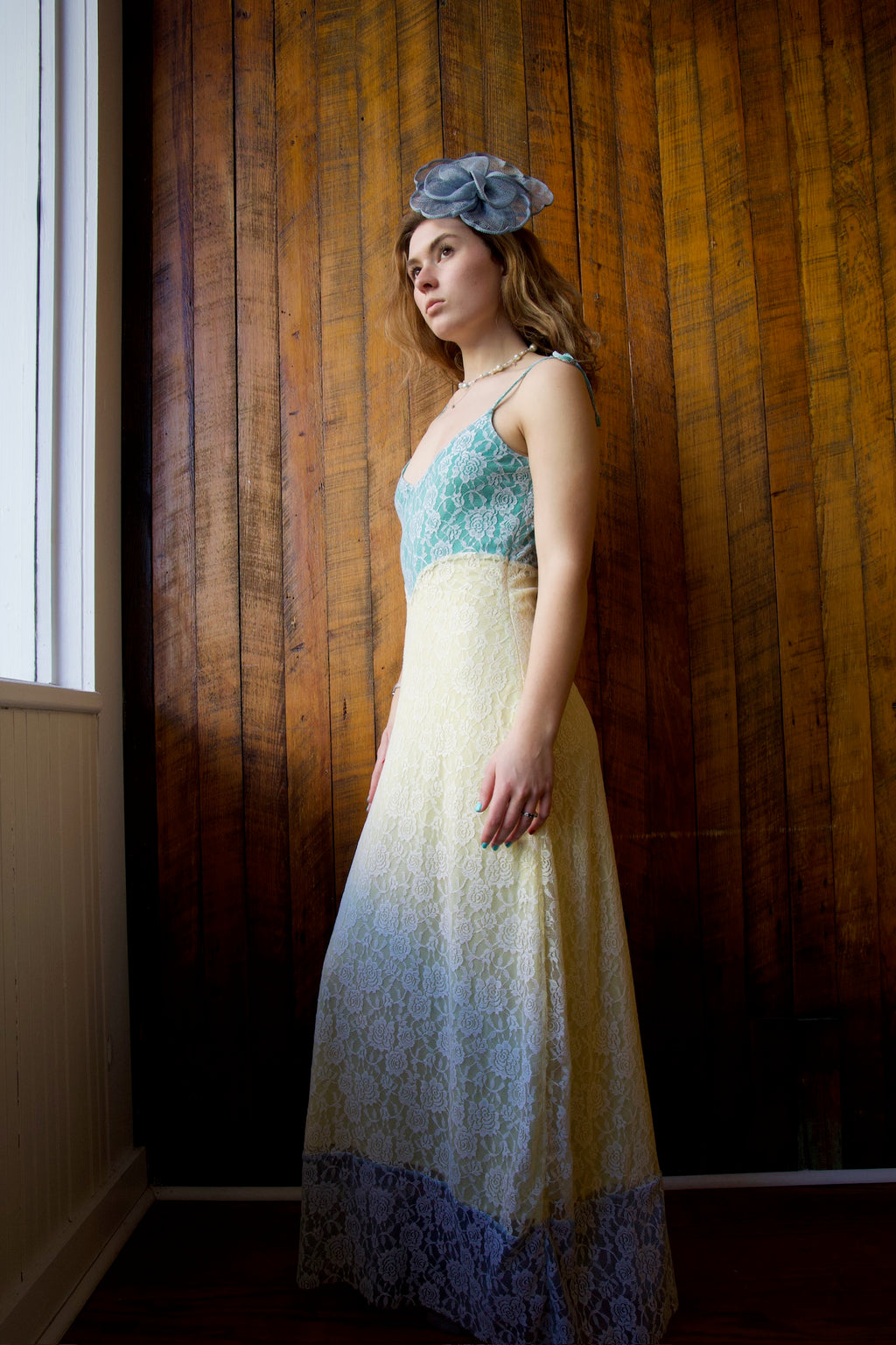 CELESTE AURORA PALE YELLOW & BLUE LACE DRESS