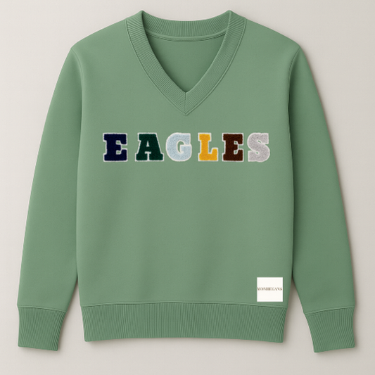 MUTED GREEN & MUTED MULTI COLOR LETTERMAN V-CREW