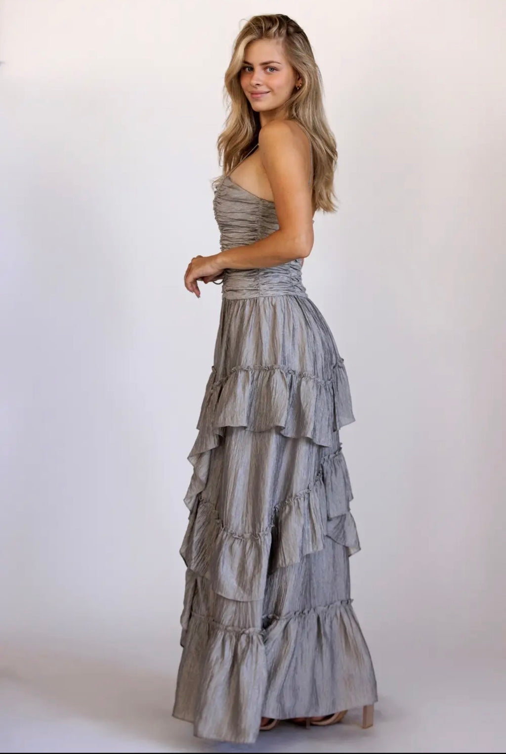 CRINKLE TIERED GRAY SILVER MAXI DRESS