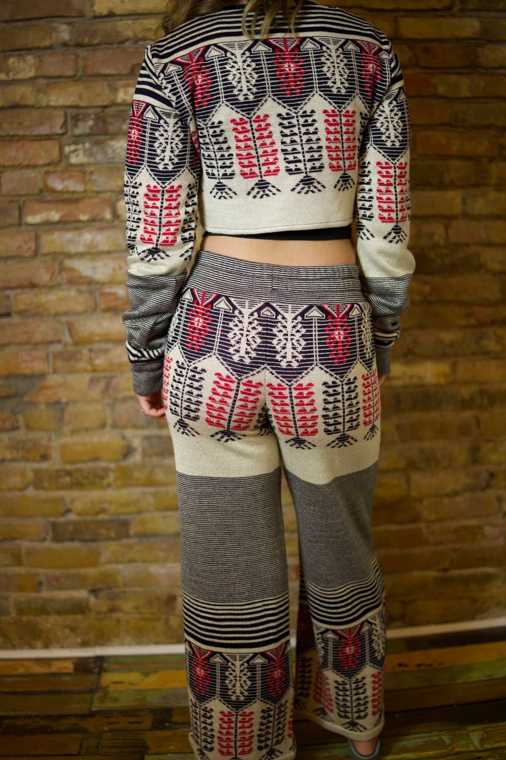 MULTI STRIPE/ TRIBAL WIDE LEG COTTON TROUSERS WITH POCKET PEARL BUTTON