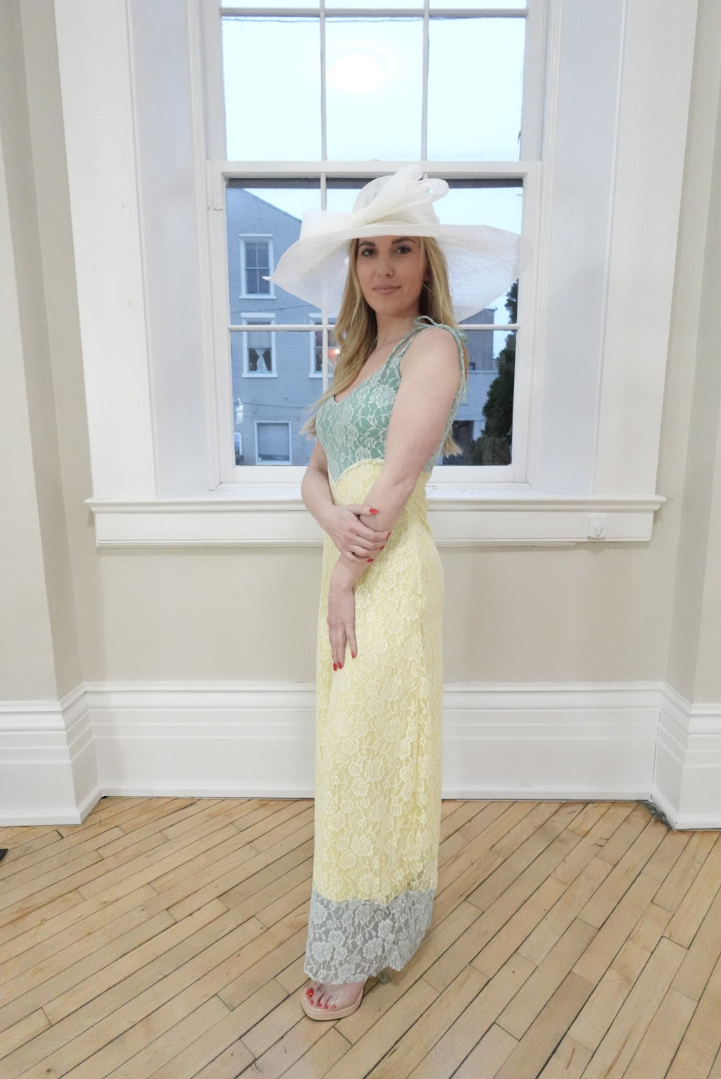 CELESTE AURORA PALE YELLOW & BLUE LACE DRESS