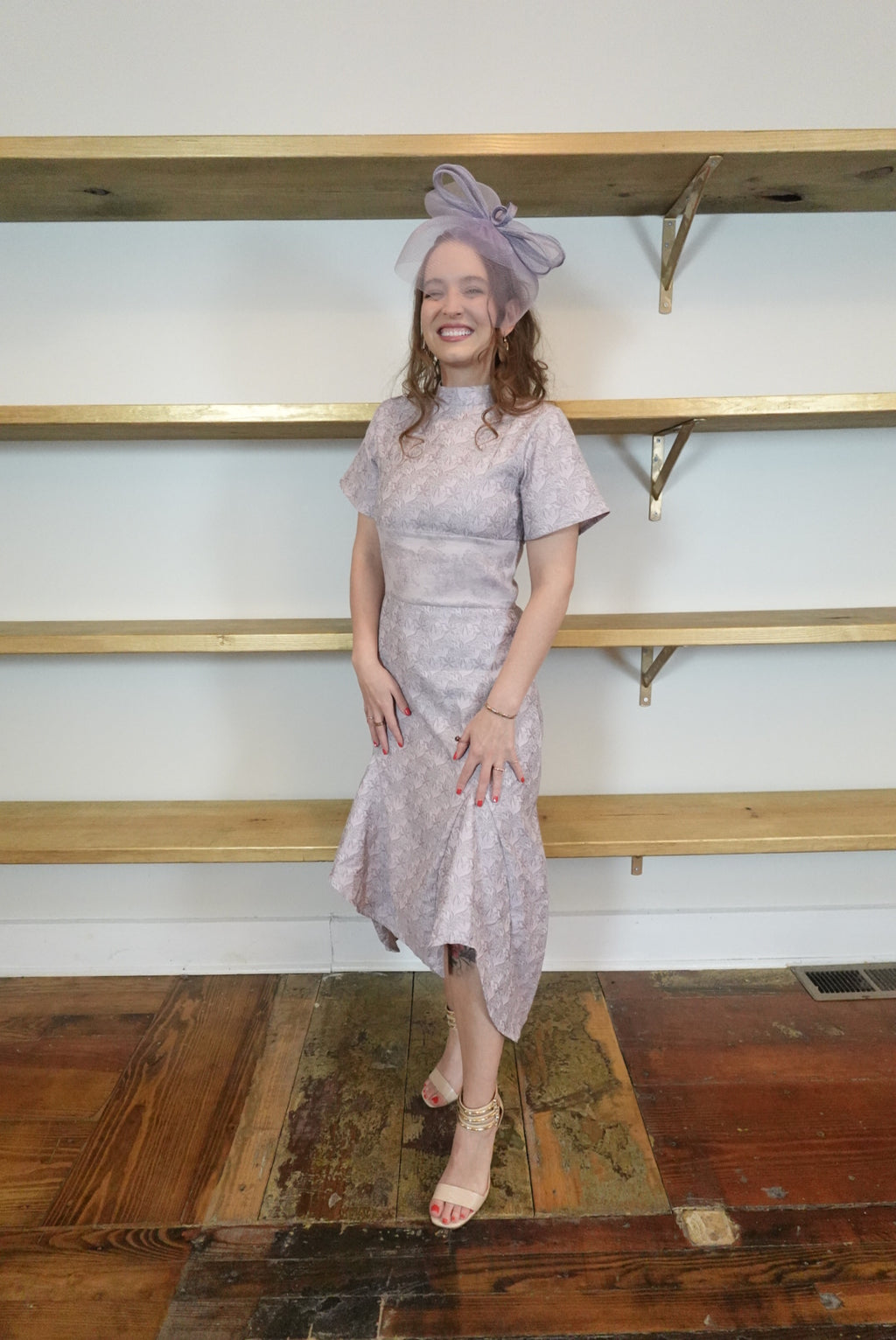 LAVENDER TULIP HIGH TO LOW HEM HIGH NECK SHORT SLEEVED JAPANESE DRESS