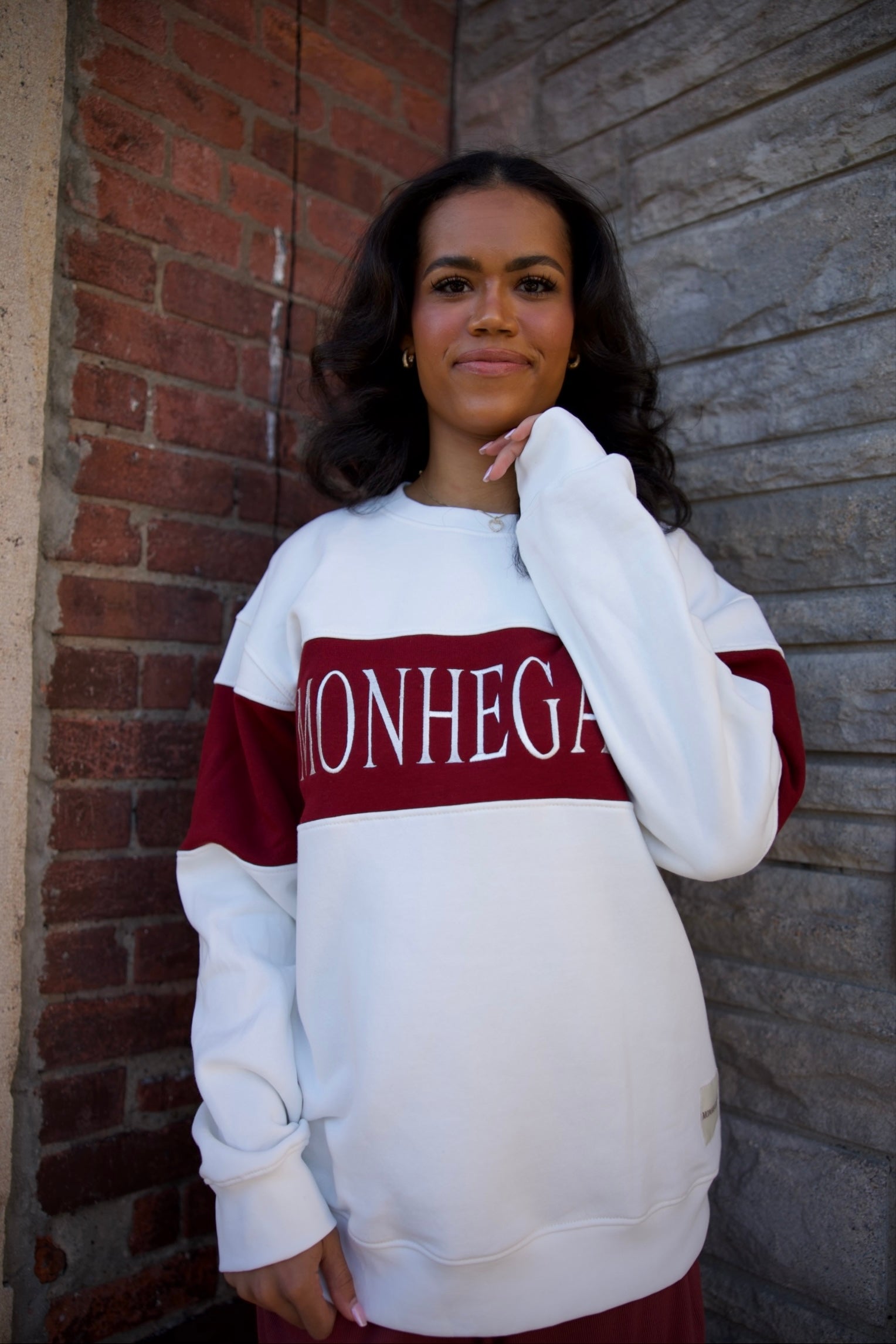 WINE & OFF WHITE OVERSIZED EMBROIDERED FLEECE CREW