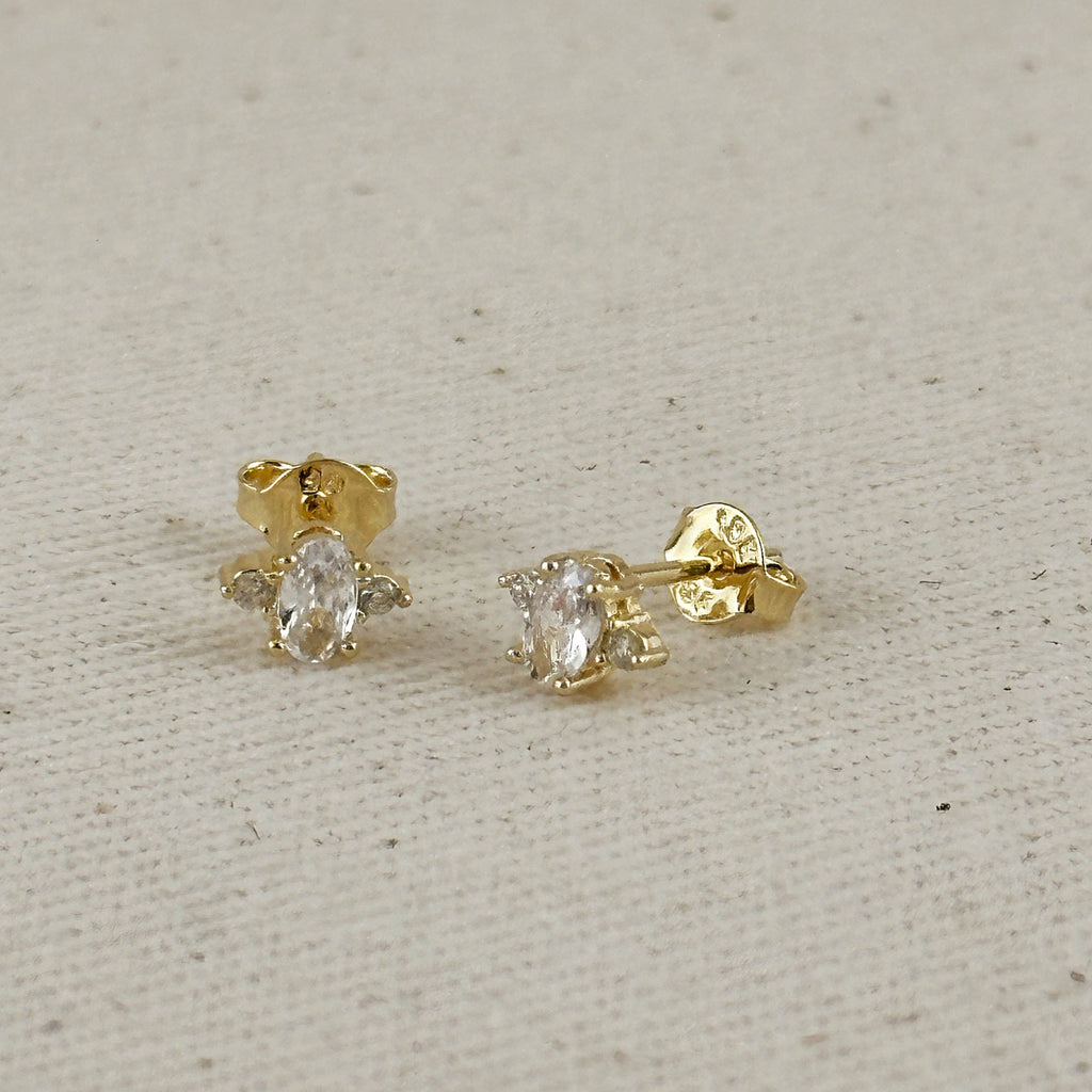OVAL + SIDE STONE CZ DIAMOND STUD 18K GOLD FILLED EARRINGS