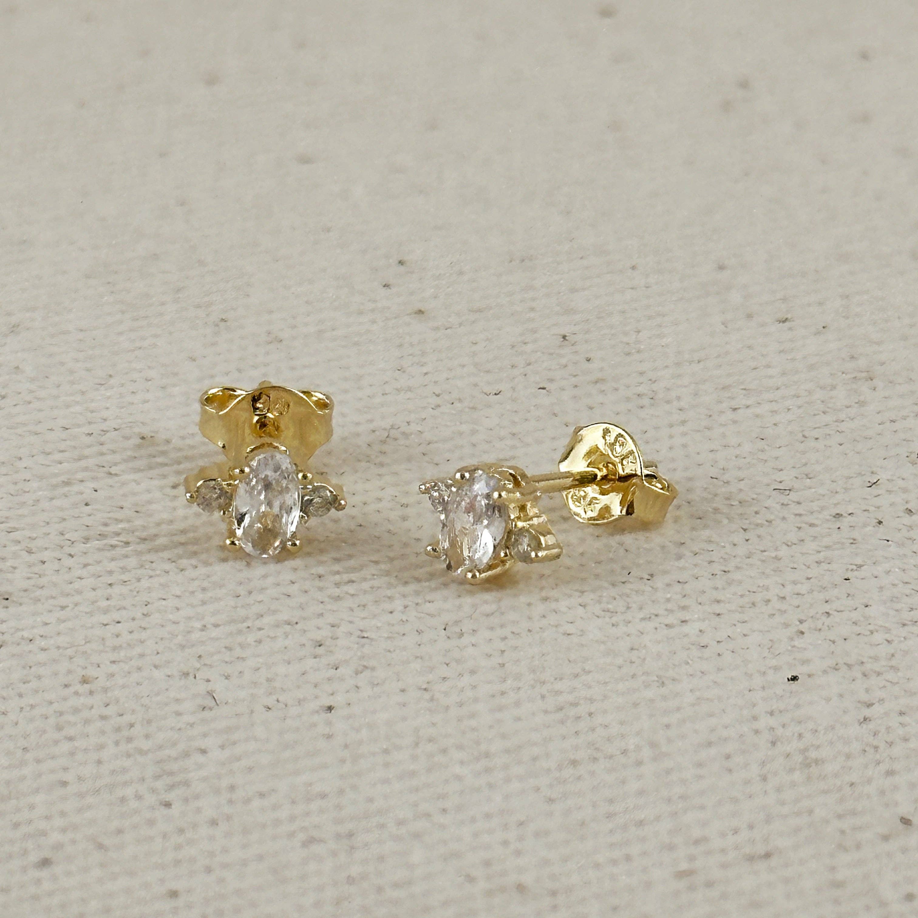 OVAL + SIDE STONE CZ DIAMOND STUD 18K GOLD FILLED EARRINGS