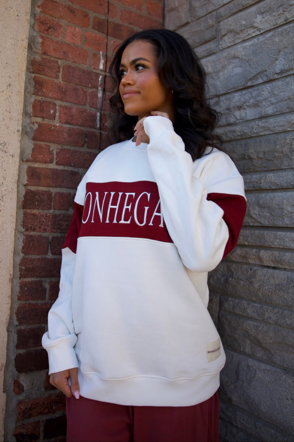 WINE & OFF WHITE OVERSIZED EMBROIDERED FLEECE CREW