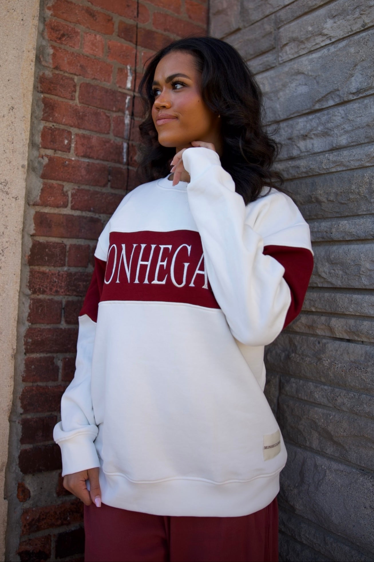 WINE & OFF WHITE OVERSIZED EMBROIDERED FLEECE CREW