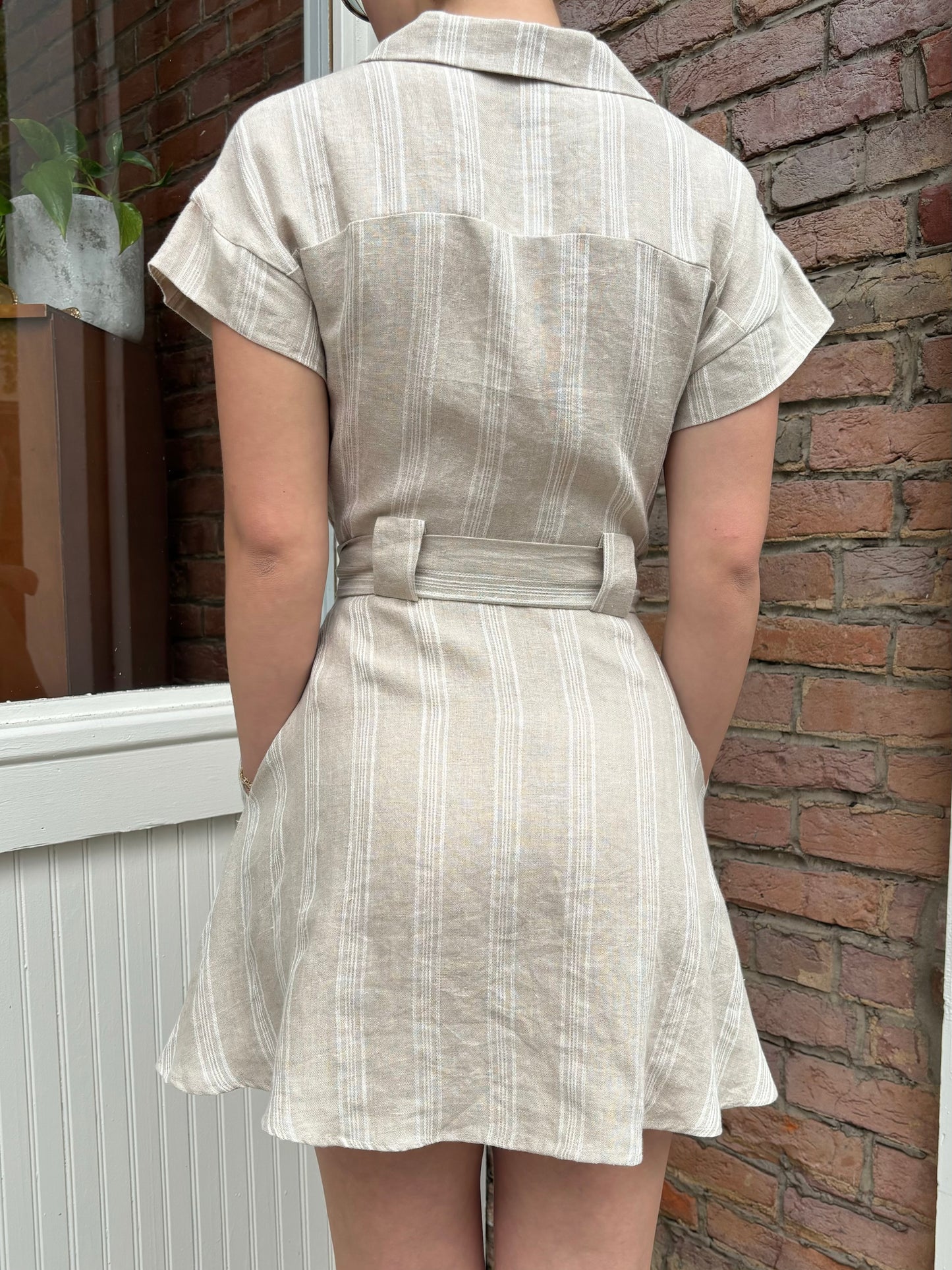 MABEL BEIGE & WHITE LINEN STRIPED BUTTONDOWN TIE DRESS