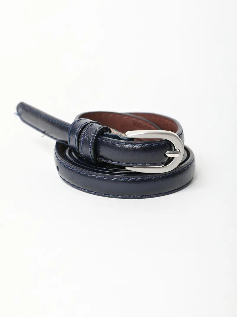 NAVY & SILVER HORSESHOE GENUINE LEATHER BUCKLE SKINNY BELT