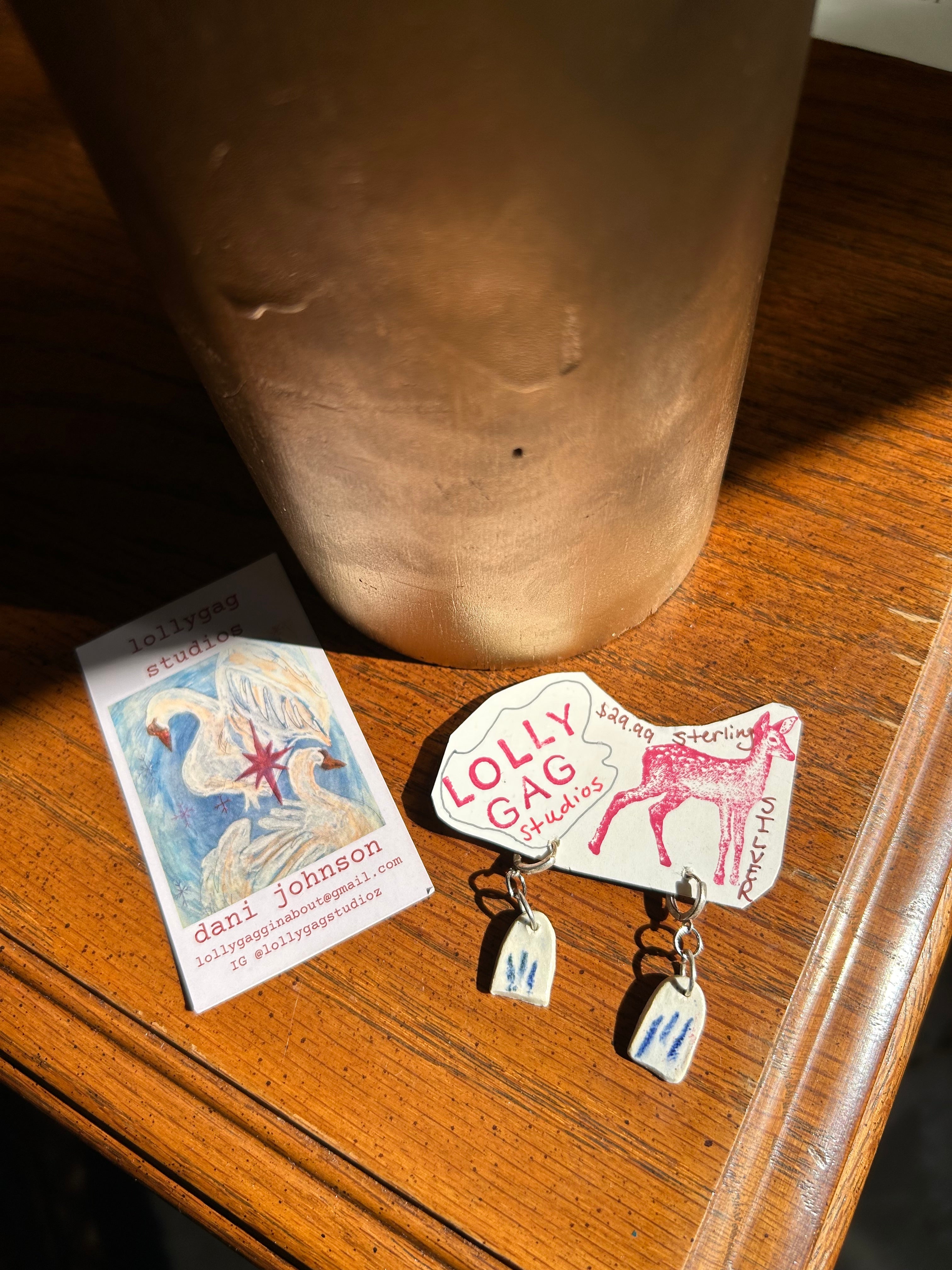 WHITE & BLUE ABSTRACT ARCH STERLING SILVER CERAMIC HANDMADE EARRINGS