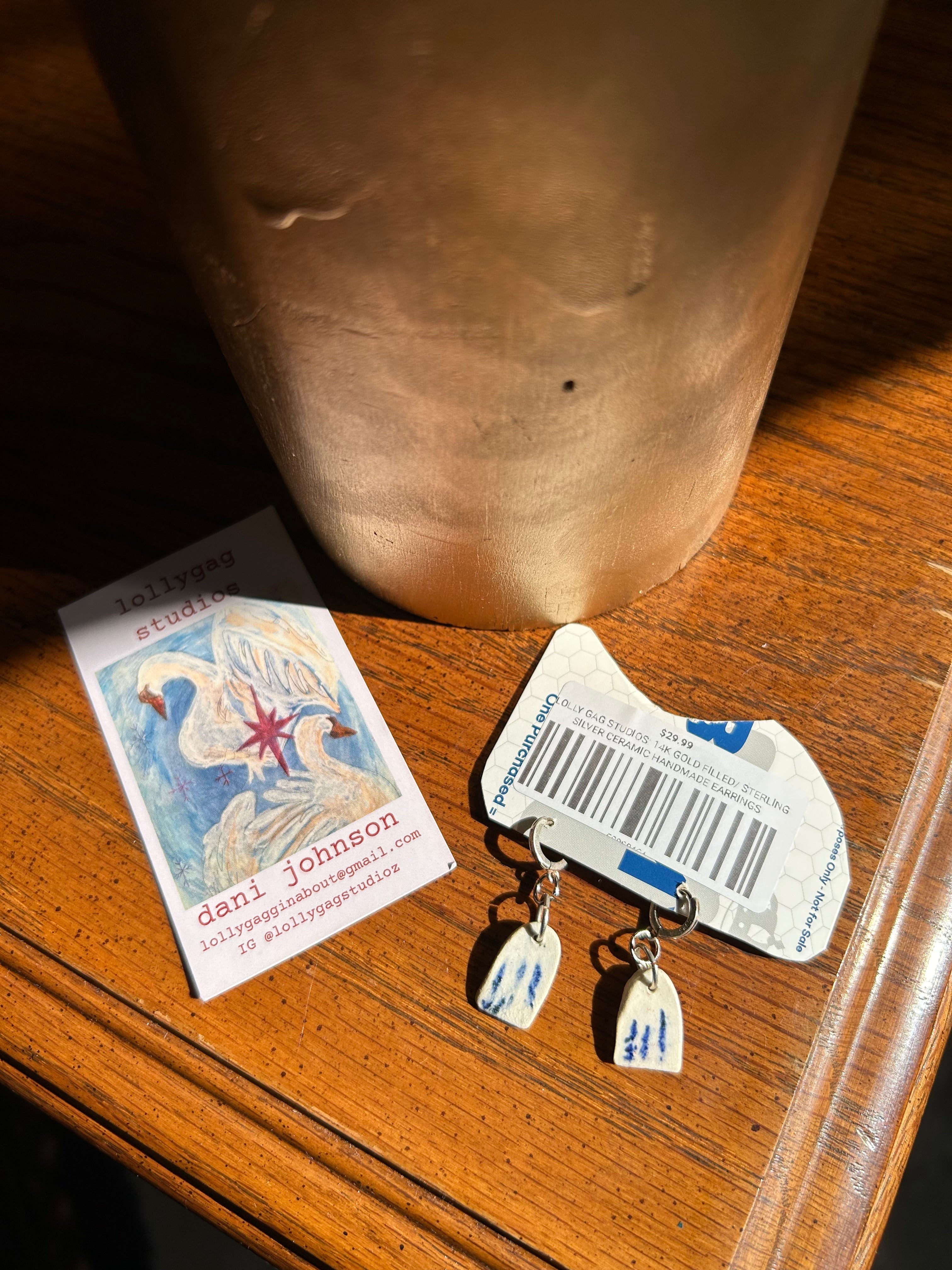 WHITE & BLUE ABSTRACT ARCH STERLING SILVER CERAMIC HANDMADE EARRINGS