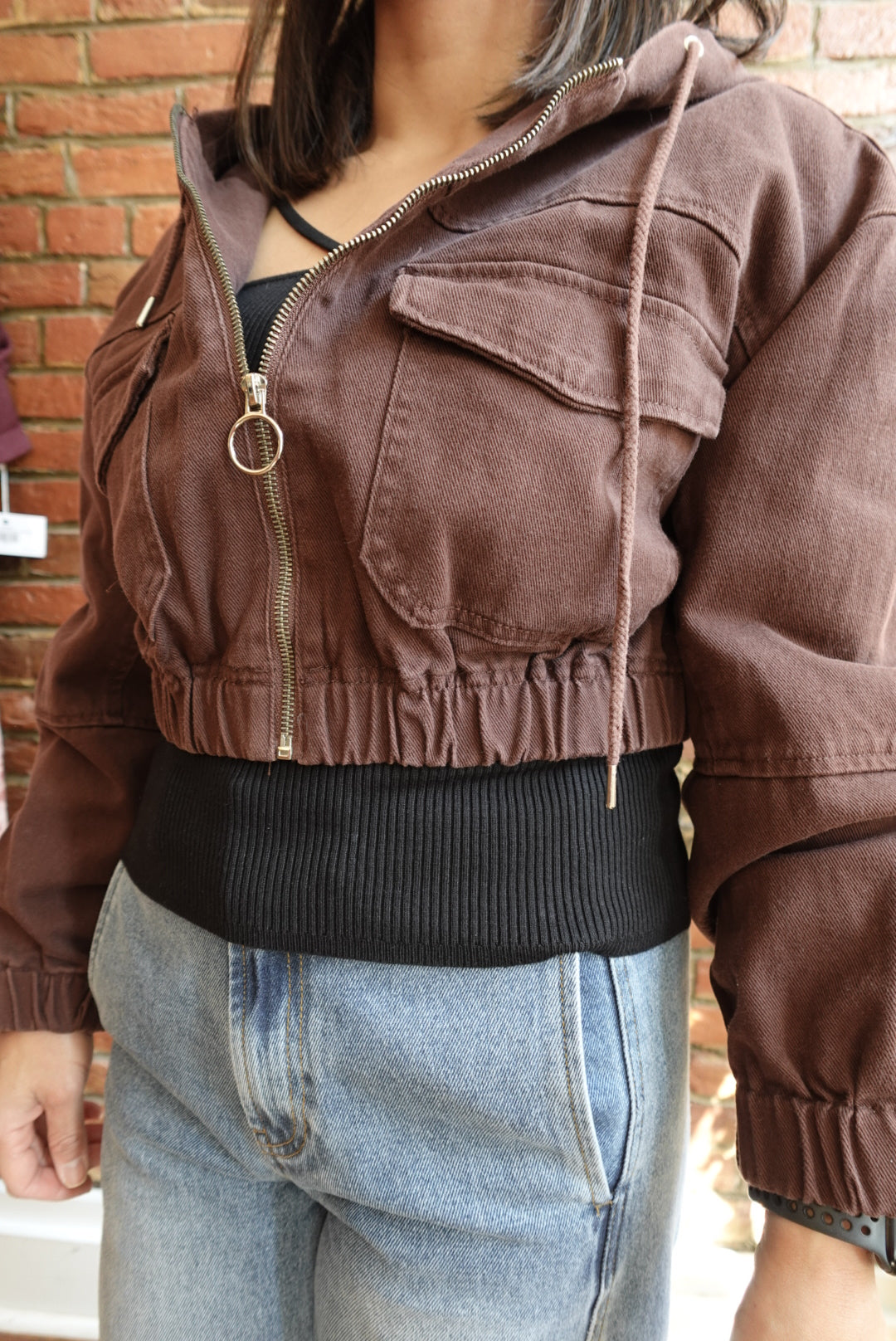 LOLA DENIM CROPPED DARK BROWN JACKET