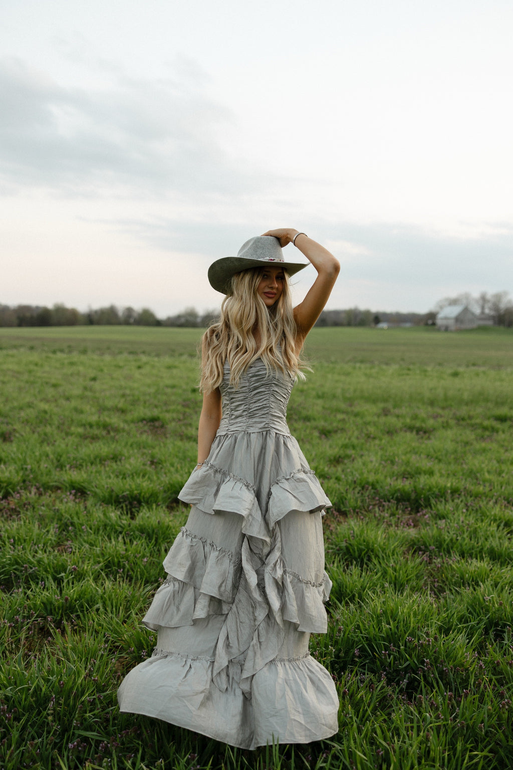 CRINKLE TIERED GRAY SILVER MAXI DRESS