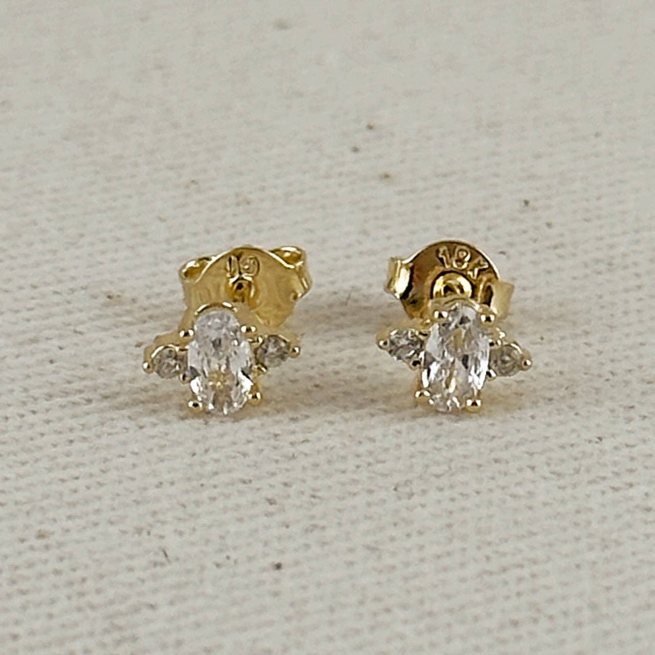 OVAL + SIDE STONE CZ DIAMOND STUD 18K GOLD FILLED EARRINGS