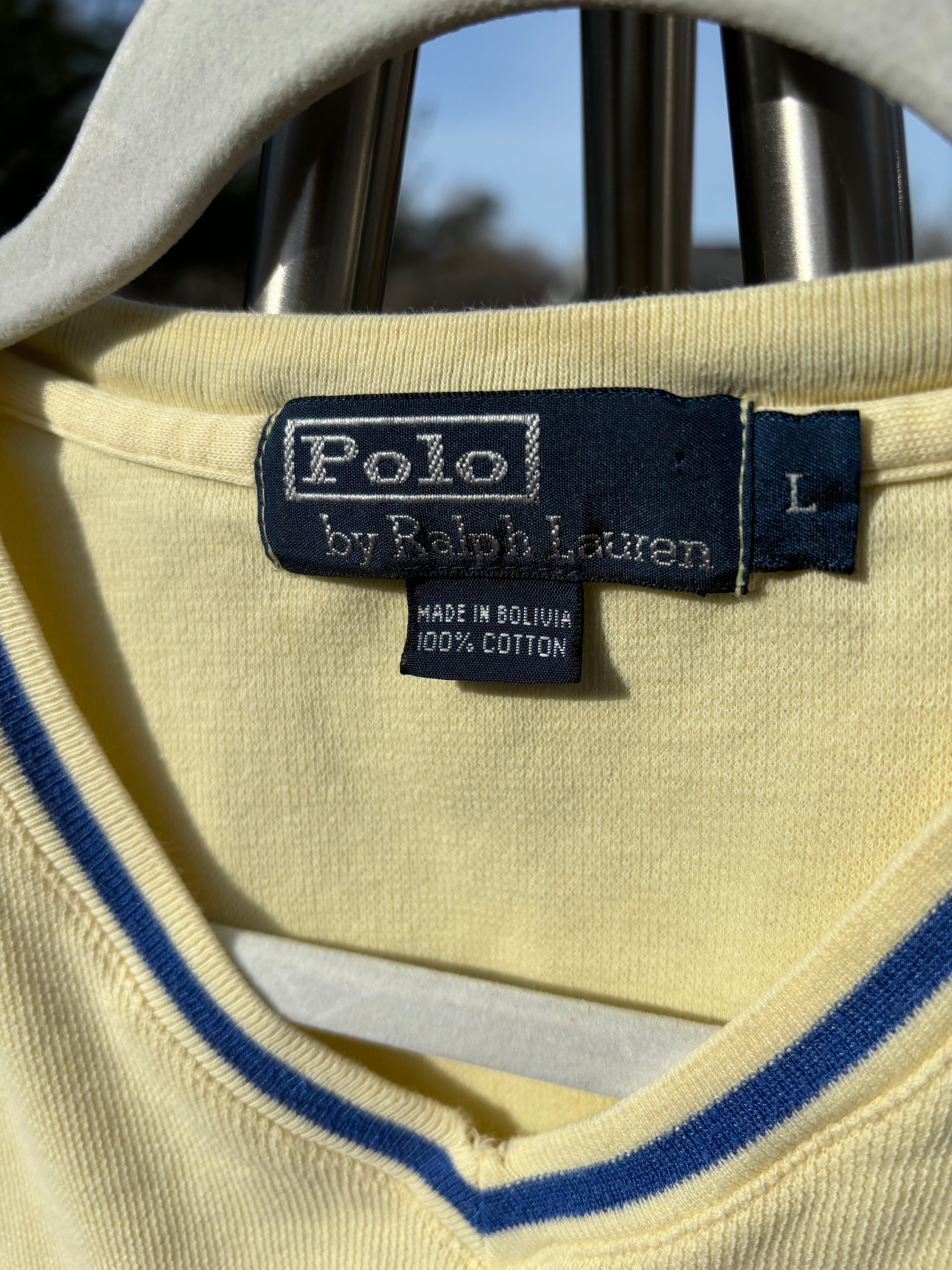 RALPH LAUREN: BUTTER YELLOW & NAVY DETAIL V NECK KNIT TEE