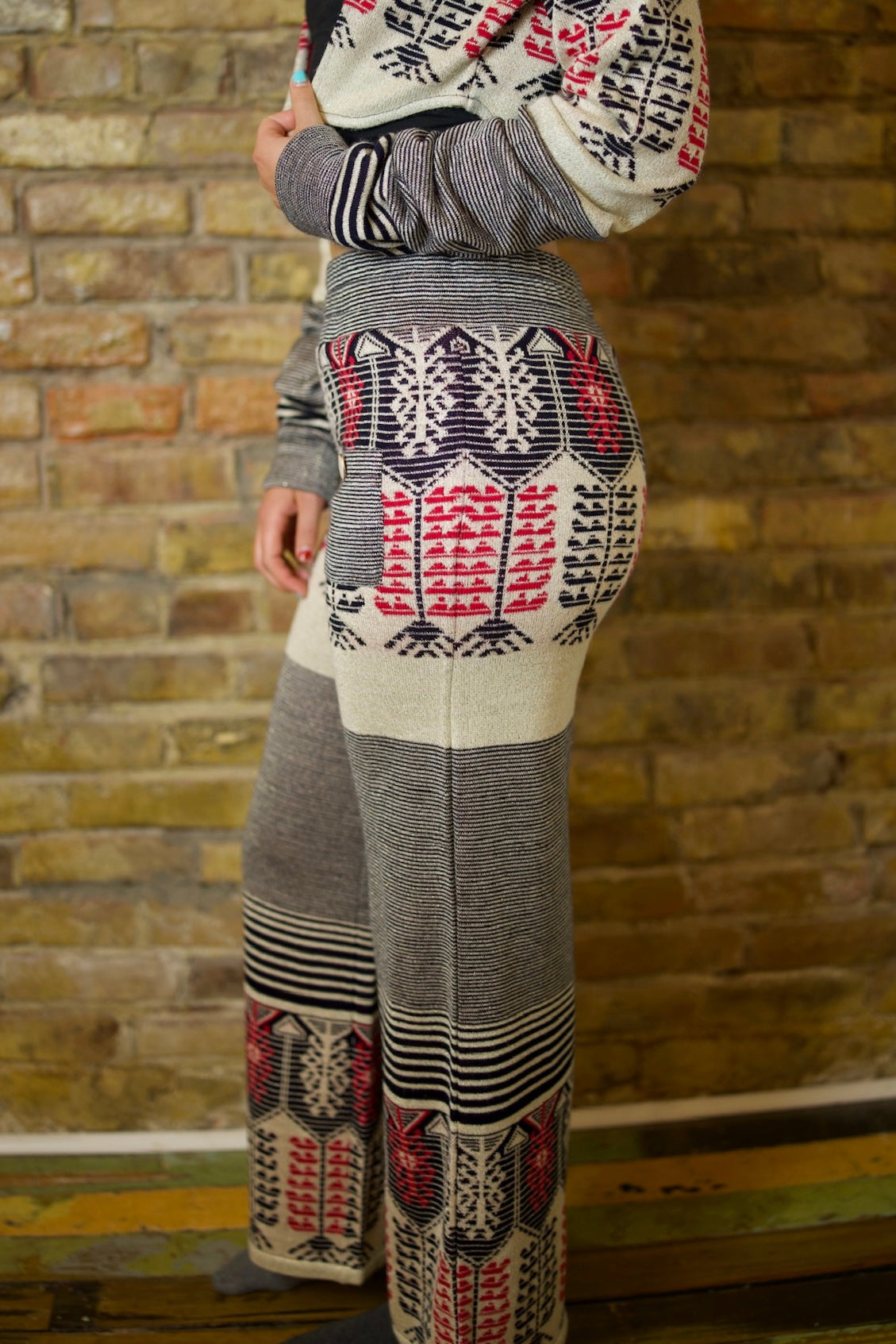 MULTI STRIPE/ TRIBAL WIDE LEG COTTON TROUSERS WITH POCKET PEARL BUTTON